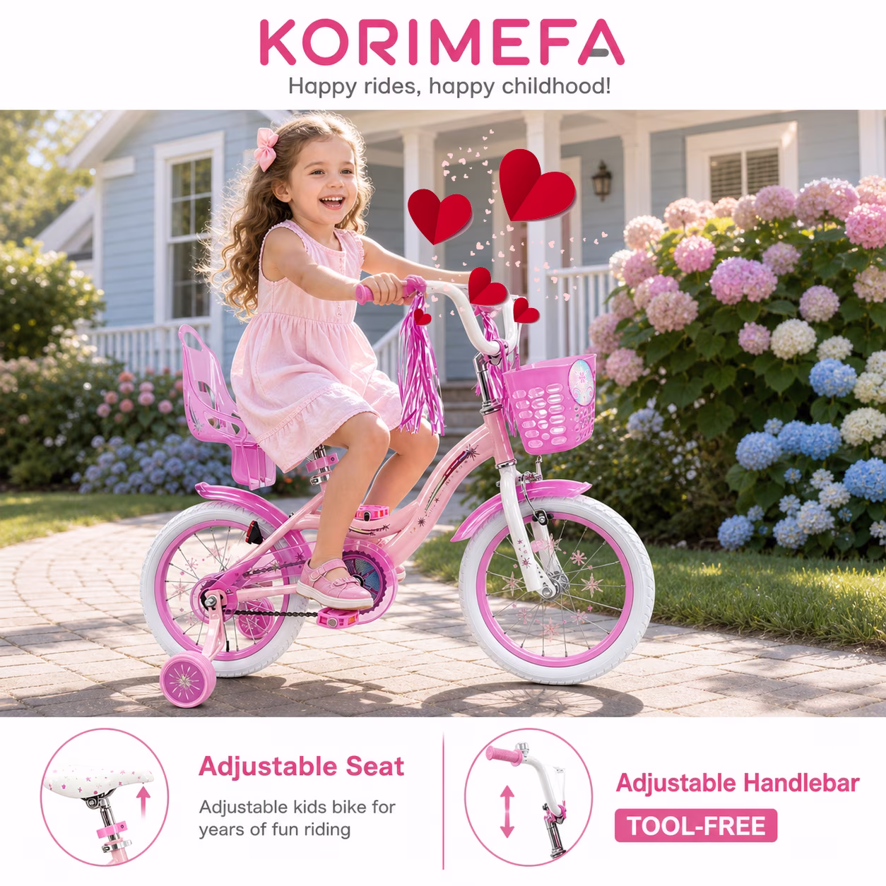 Korimefa 12 inch Girls Kids Bike Ages 3-6 Years Old Children, Toddler Bike with Training Wheels, Perfect for Beginner Riders Learning to Ride, Easy to Assemble, Pink - Image 3