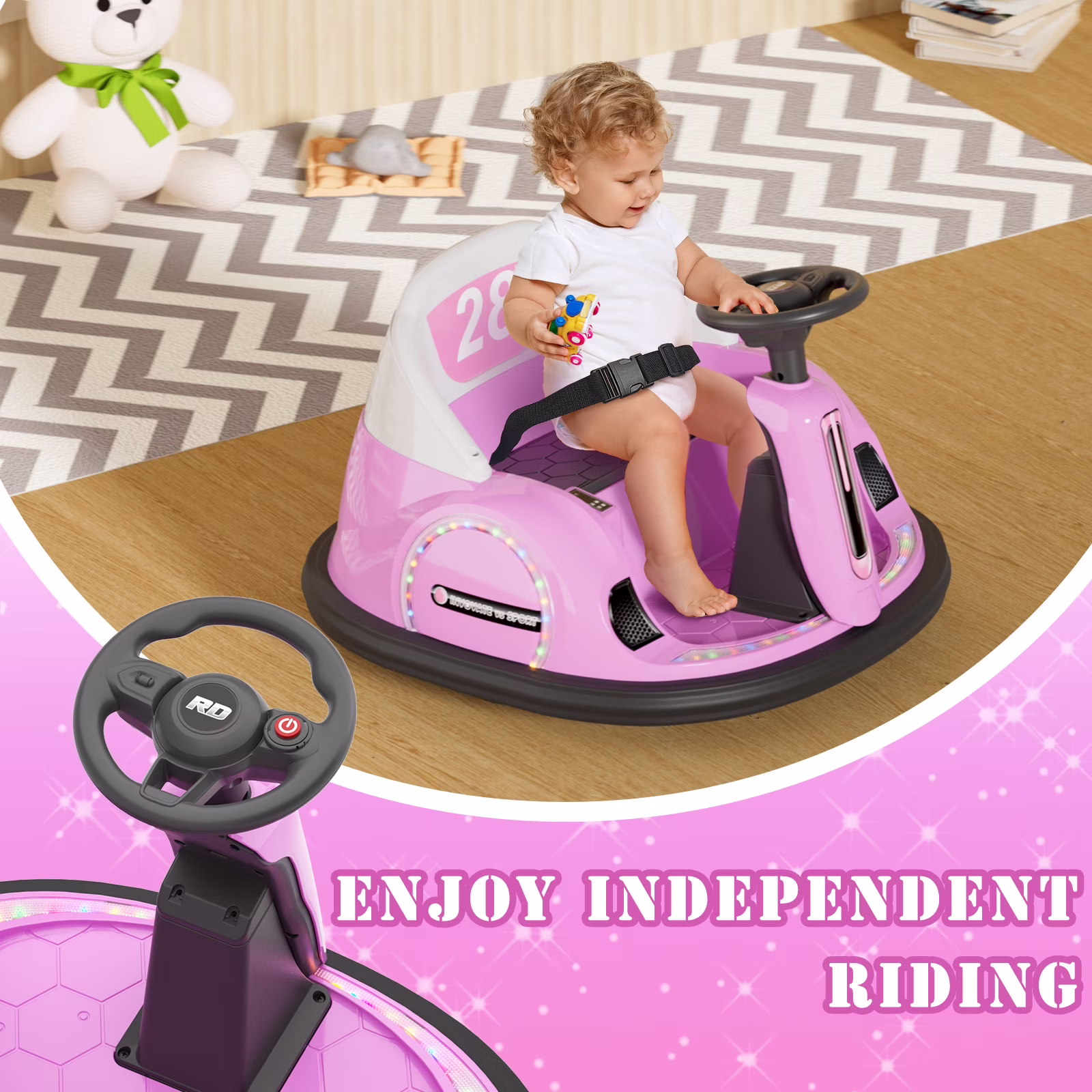 KORIMEFA 12V Bumper Car for Kids Toddler 1-6 Years with Remote Control Bluetooth Music 3 Speeds DIY License Plate Electric Ride on Toys(Pink) - Image 4