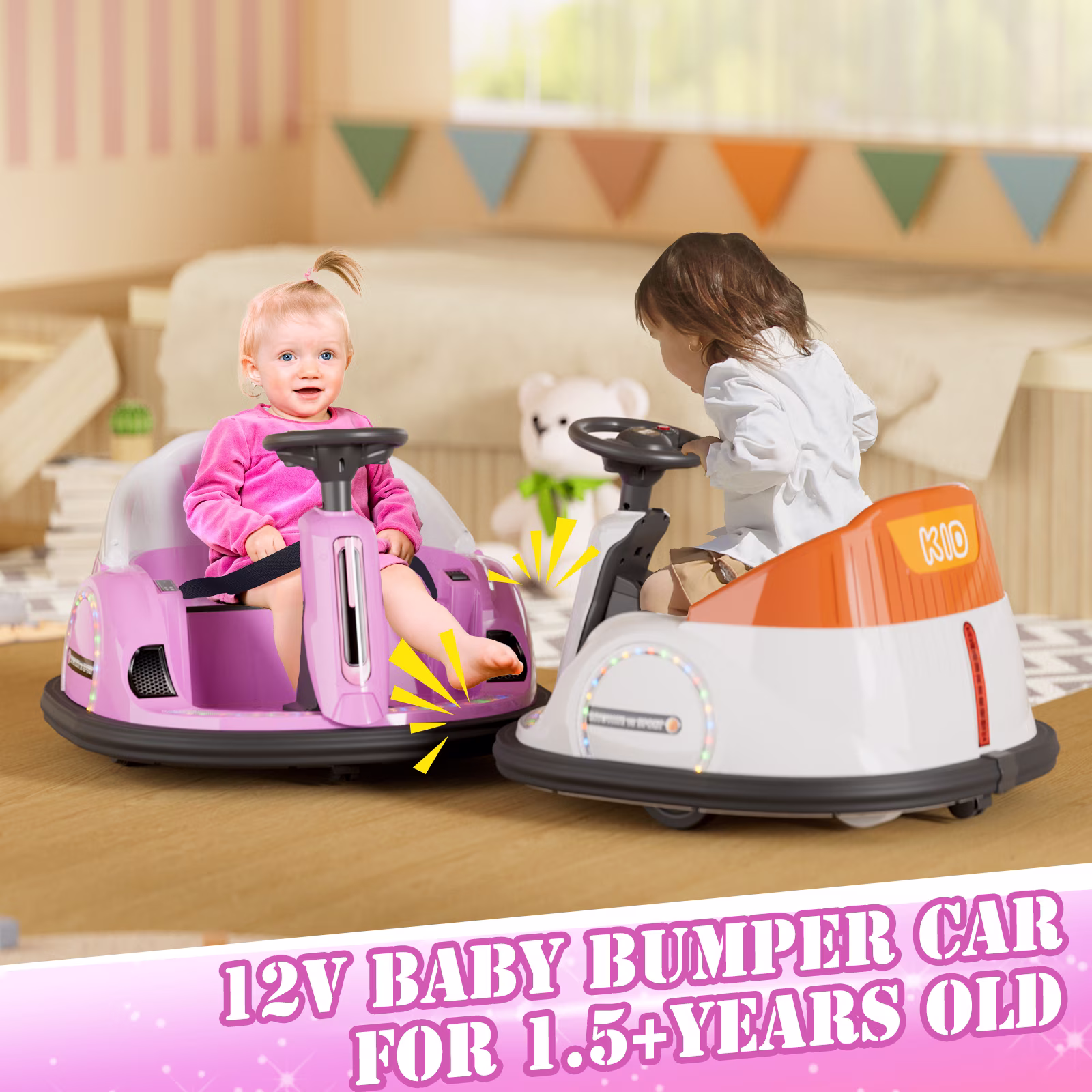 KORIMEFA 12V Bumper Car for Kids Toddler 1-6 Years with Remote Control Bluetooth Music 3 Speeds DIY License Plate Electric Ride on Toys(Pink) - Image 3
