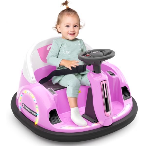 KORIMEFA 12V Bumper Car for Kids Toddler 1-6 Years with Remote Control Bluetooth Music 3 Speeds DIY License Plate Electric Ride on Toys(Pink)