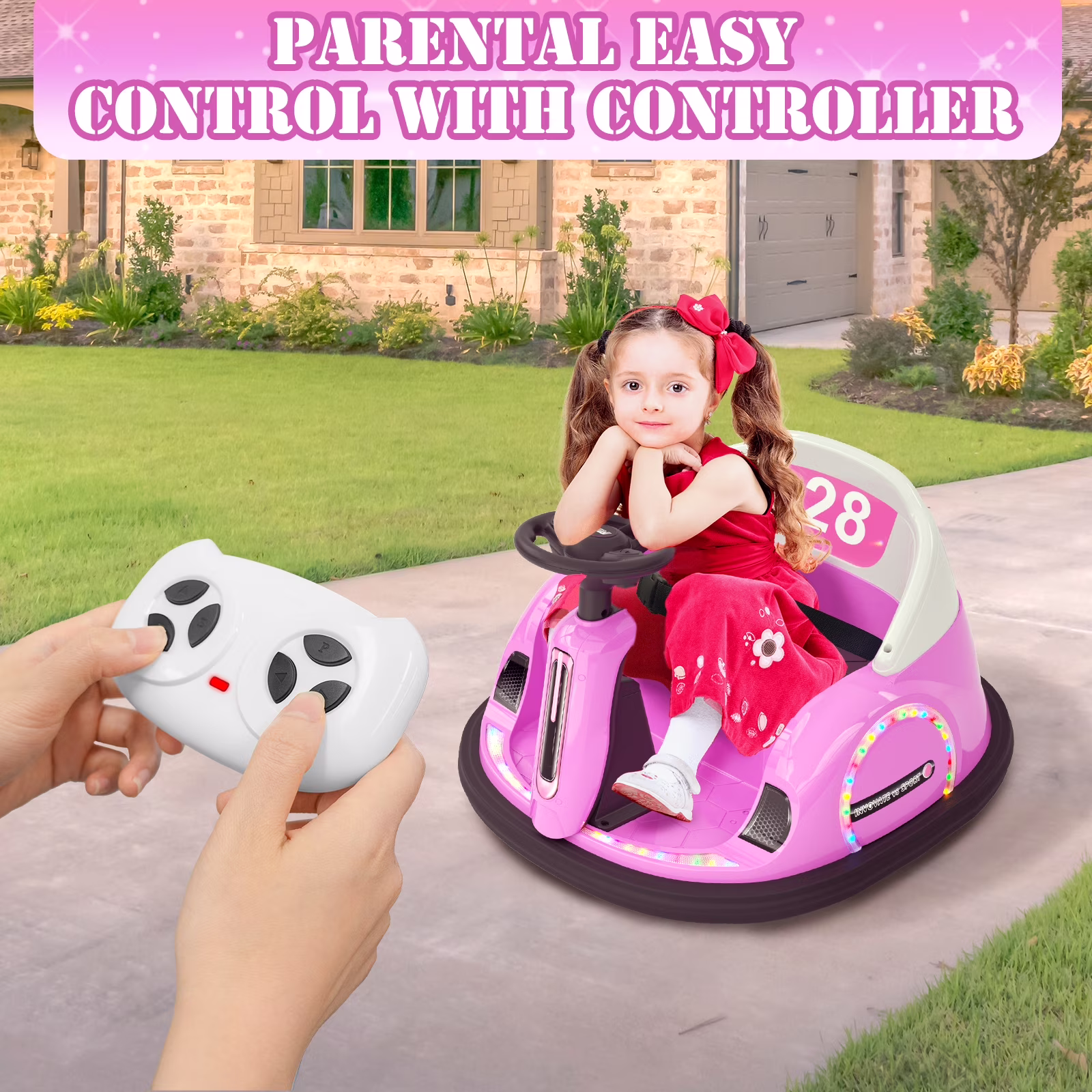 KORIMEFA 12V Bumper Car for Kids Toddler 1-6 Years with Remote Control Bluetooth Music 3 Speeds DIY License Plate Electric Ride on Toys(Pink) - Image 5