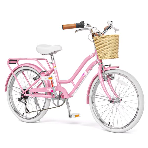 Korimefa 20-Inch Beach Cruiser Bike for Girls, Kids & Teens, Shimano 6-Speed City Bicycle with Dual V-Brakes, Basket & Rear Rack, Pink