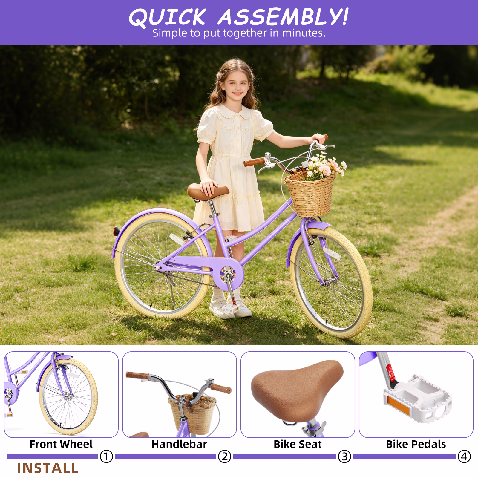 KORIMEFA 20 inch Girls Bike for Toddlers 8-12 Years Old Kids Children Bicycles with Handbrake & Kickstand, Purple - Image 4