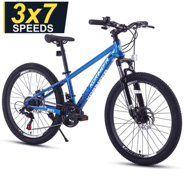 Korimefa 21-Speed Kids Bike, 20 inch Kids Mountain Bicycle for Boys Child Youth 6-12 Years Old, Double Disc Brake, Suspension Fork and Lightweight Aluminum Alloy Frame, Blue