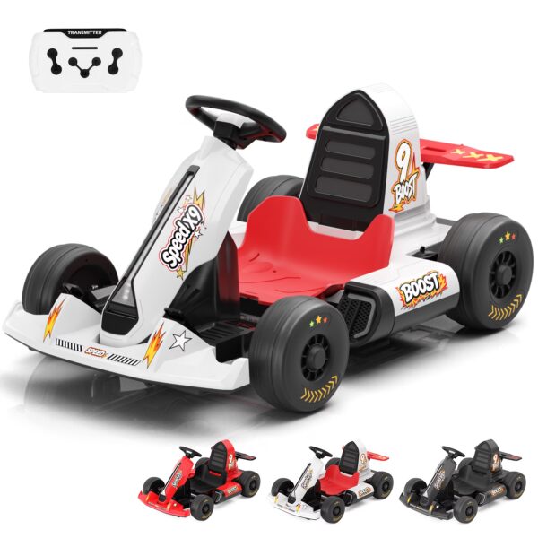 KORIMEFA Electric Go Kart for 3+ Years Old Boys Girls Outdoor Ride on Toy 12V Go Kart with Adjustable speed mode, Bluetooth, USB port, LED Lights&110 lbs Max Load, White