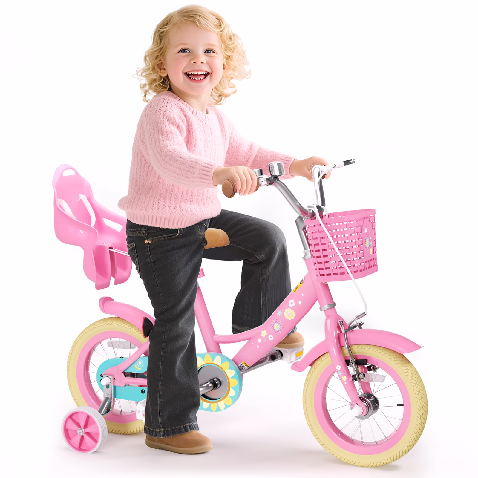 Korimefa Girls Bike for 3-9 Years Old Kids, 12 14 16 inch Kids Bike with Training Wheels, Basket and Doll Seat, Children Bicycles with Handbrake, Pink - Image 2
