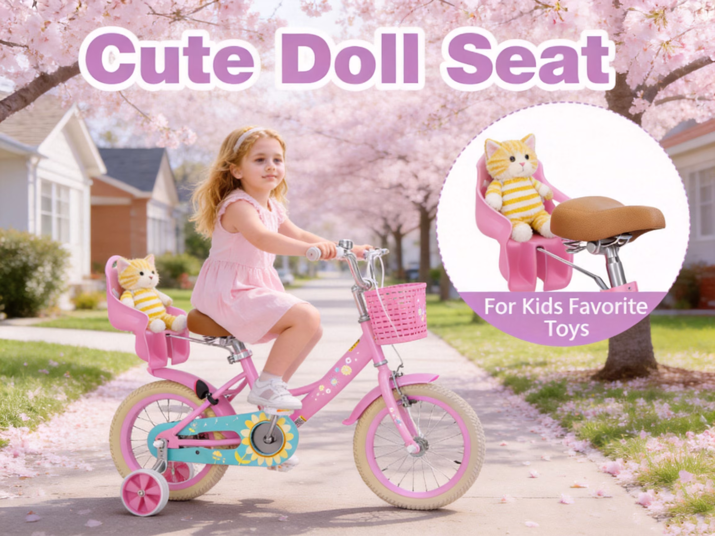 Korimefa Girls Bike for 3-9 Years Old Kids, 12 14 16 inch Kids Bike with Training Wheels, Basket and Doll Seat, Children Bicycles with Handbrake, Pink - Image 5