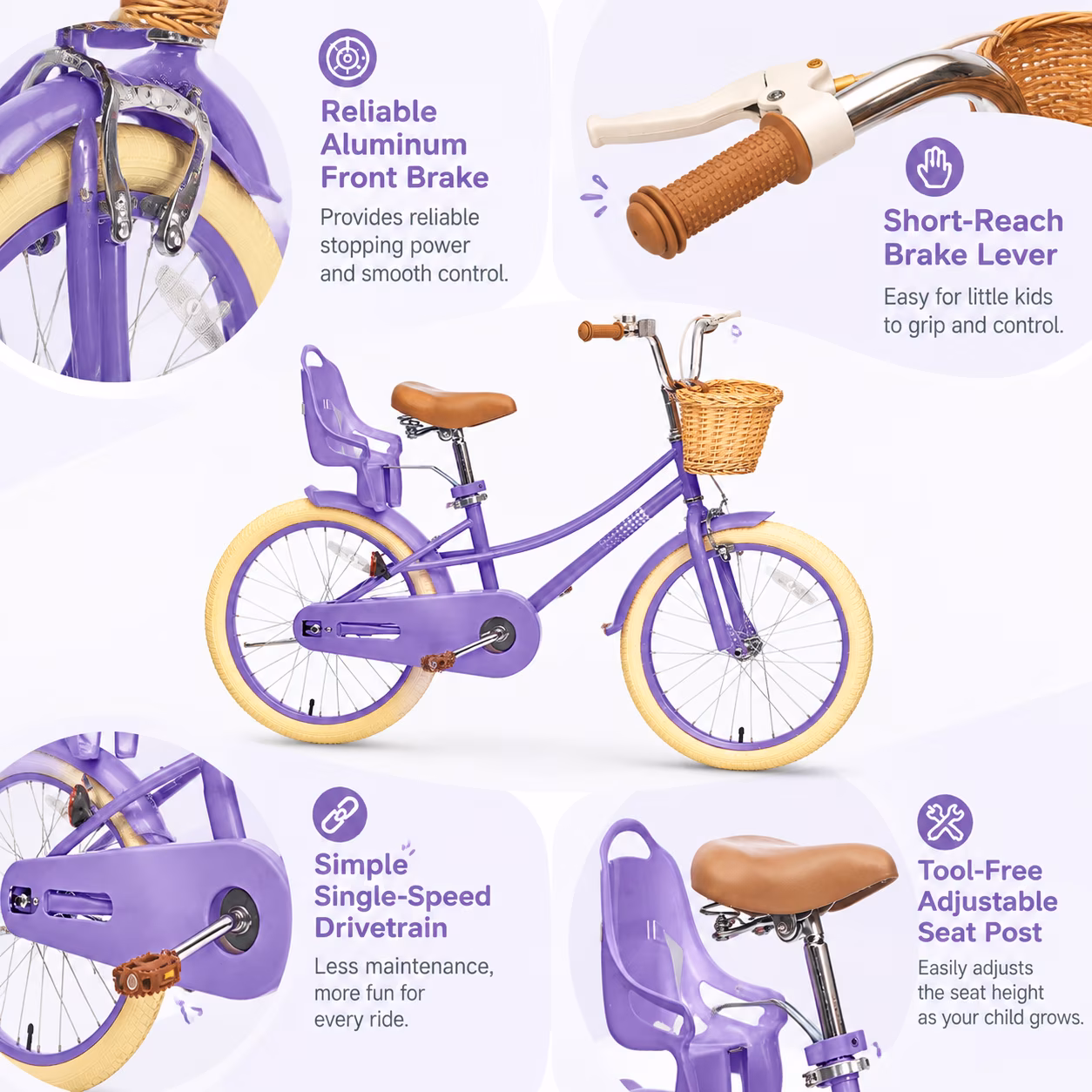 KORIMEFA Girls Bike for 8-12 Years Old Toddlers Kids, 20 Inch Kids Bike with Training Wheels, Basket and Doll Seat, Toddler Girls Bicycles, Adjustable Seat Height - Image 5