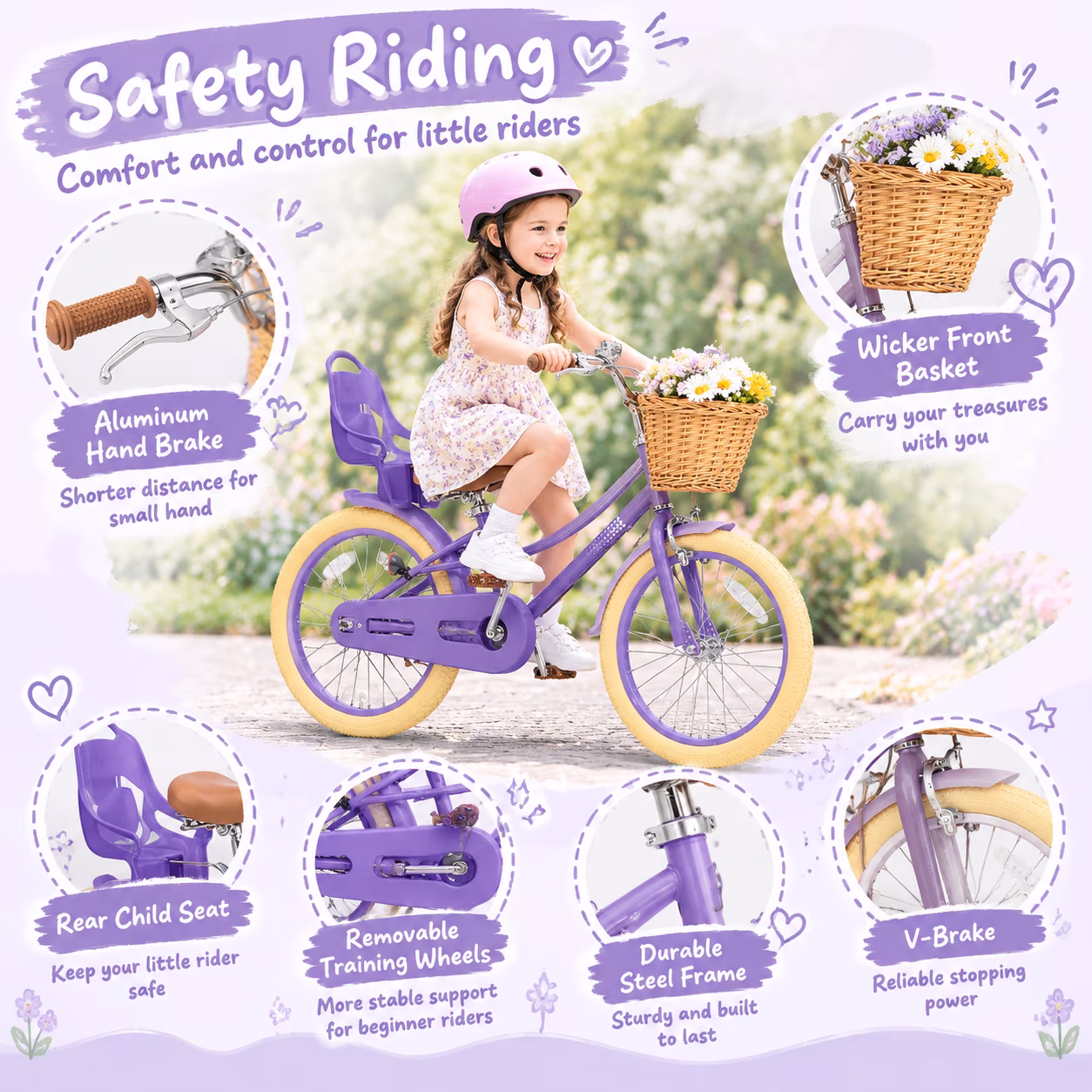 KORIMEFA Girls Bike for 8-12 Years Old Toddlers Kids, 20 Inch Kids Bike with Training Wheels, Basket and Doll Seat, Toddler Girls Bicycles, Adjustable Seat Height - Image 3
