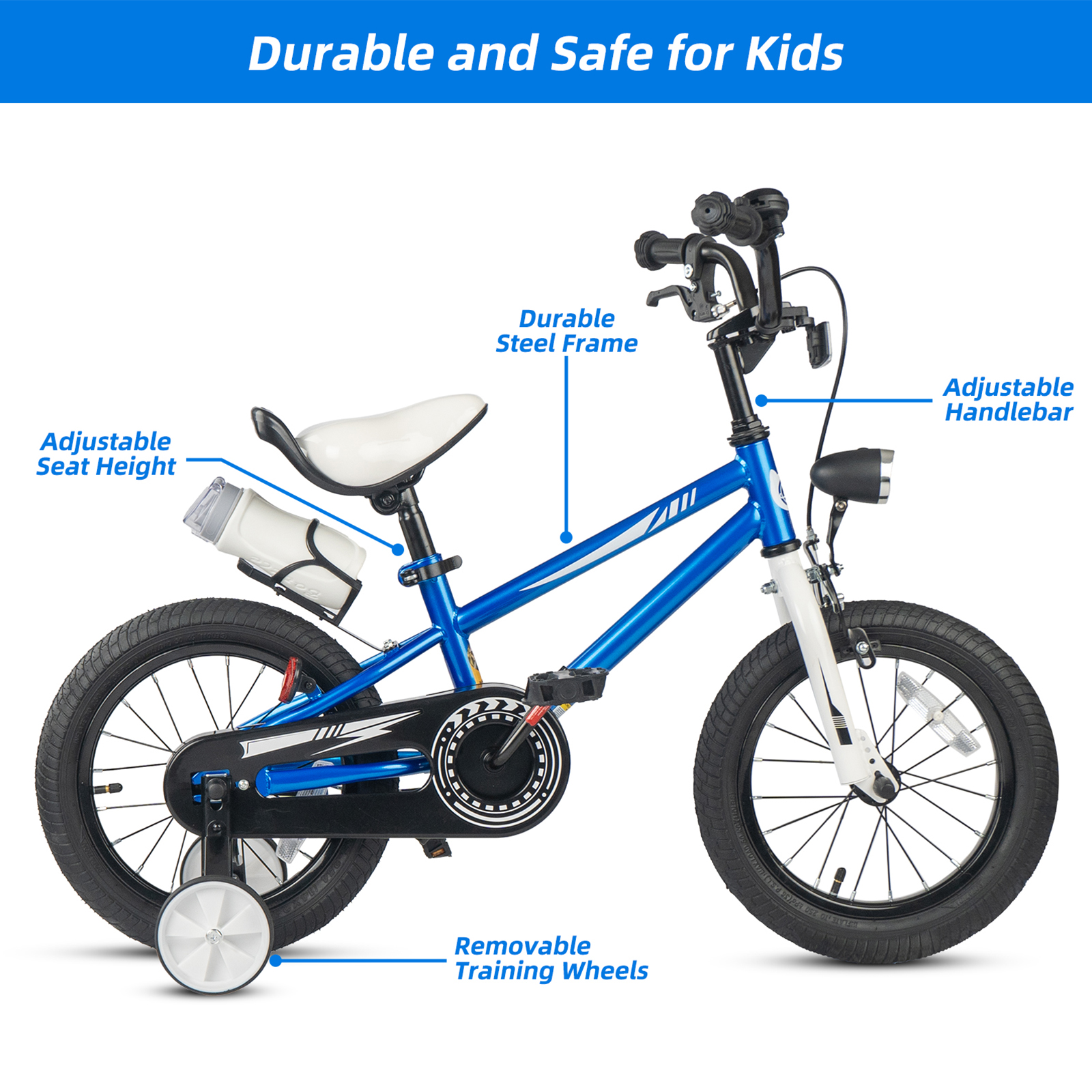 Korimefa Kids Bike Boys Bicycle 14 inch for Children Age 4-8 Years Old, Toddler Sport Cycling with Training Wheels, Hi-Ten Steel Frame, Blue - Image 2