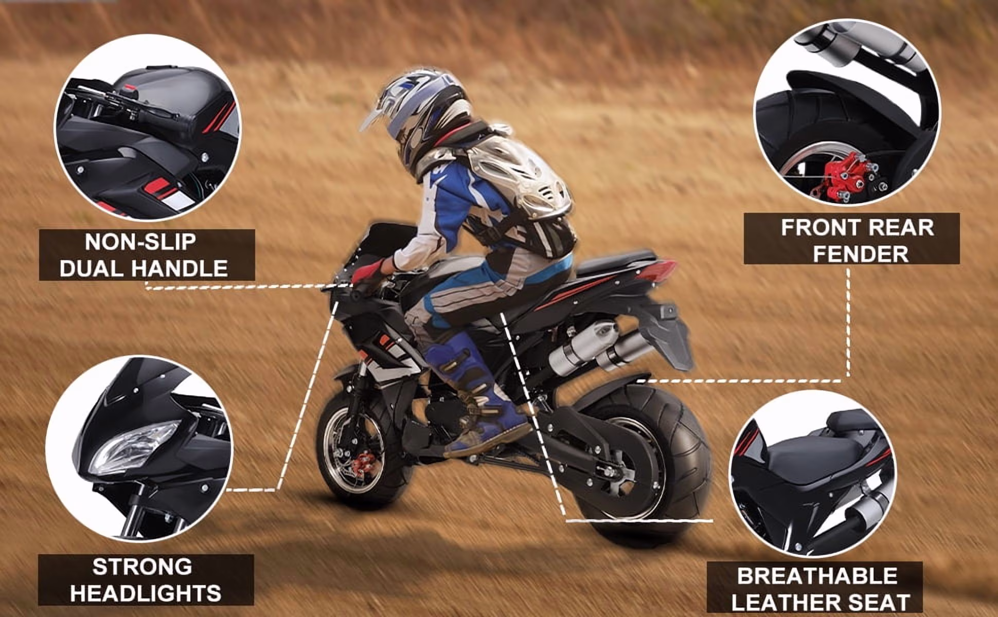 Korogimeeet Kids Gas Street Bike Black 49cc 4-Stroke, Diaphragm Carburetor No Oil Leak, Easy Start Stable Reliable, Dual Disc Brakes, for Youth Beginner, 47 x 30 x 14 Inch - Image 4