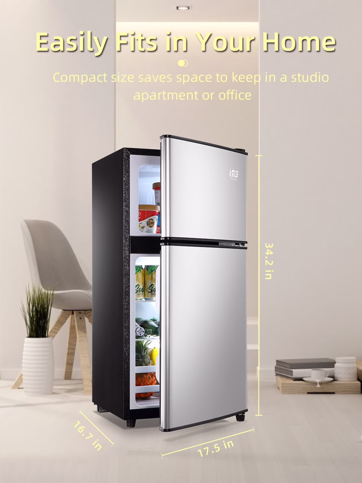 Krib Bling Compact Refrigerator 3.5 Cu.ft, Mini Fridge with Freezer, Small refrigerator with Dual Door, 7 Level Temperature, for Dorm, Apartment, Silver - Image 4