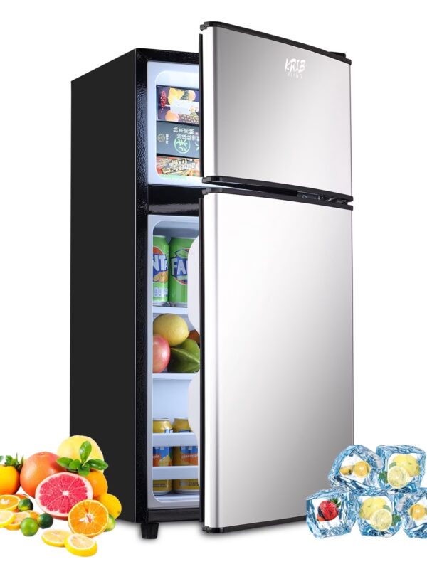 Krib Bling Compact Refrigerator 3.5 Cu.ft, Mini Fridge with Freezer, Small refrigerator with Dual Door, 7 Level Temperature, for Dorm, Apartment, Silver