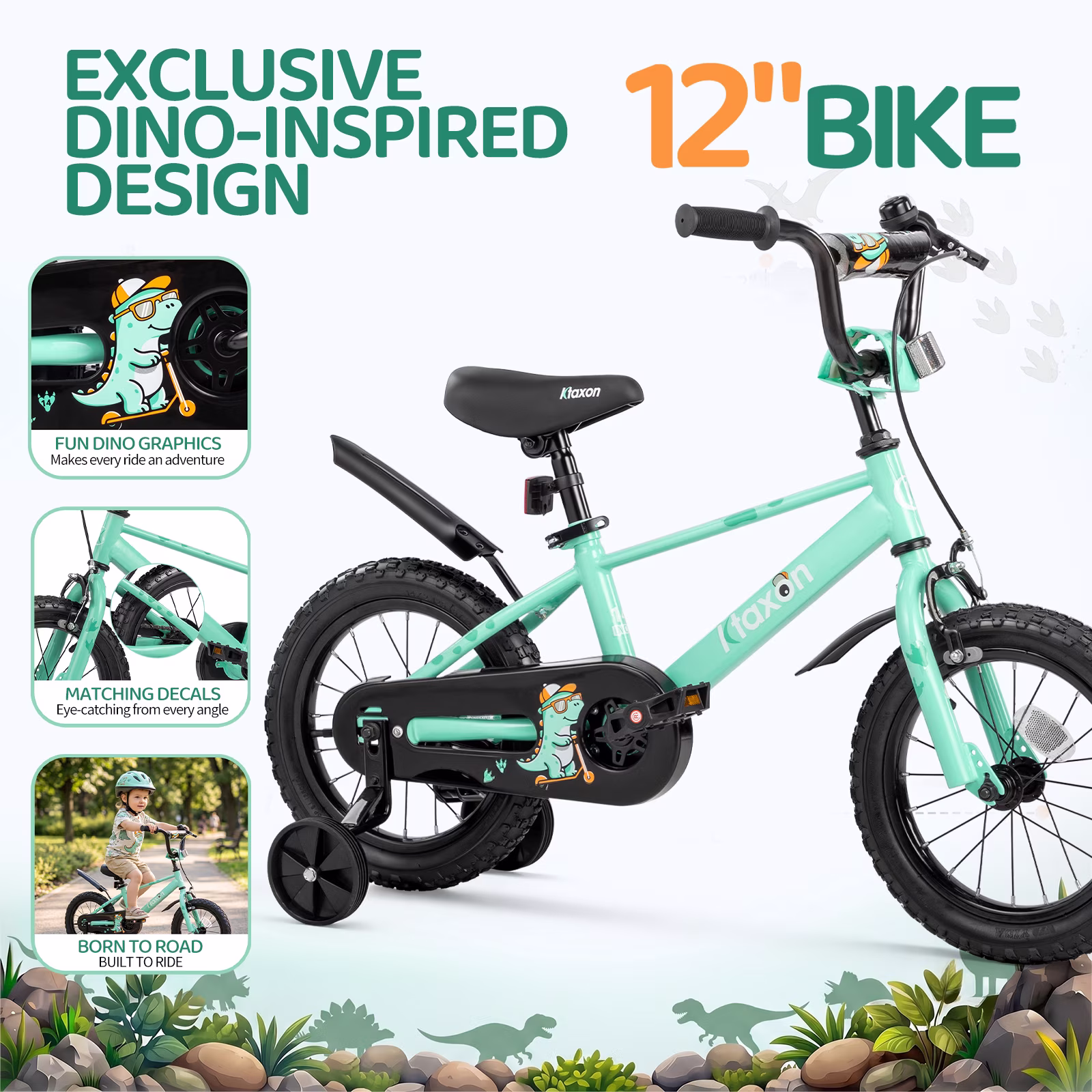 Ktaxon 12 Inch Dino Kids Bike for Boys & Girls Age 2-4, Dinosaur Bicycle w/ Training Wheels, Dual Brakes for 32"-41" Tall - Image 5