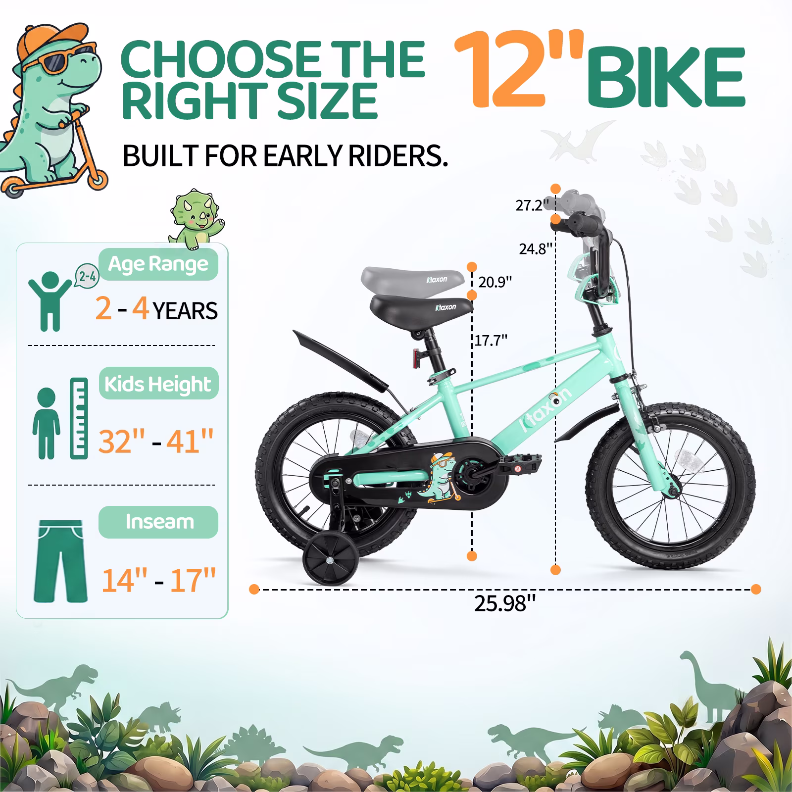 Ktaxon 12 Inch Dino Kids Bike for Boys & Girls Age 2-4, Dinosaur Bicycle w/ Training Wheels, Dual Brakes for 32"-41" Tall - Image 4
