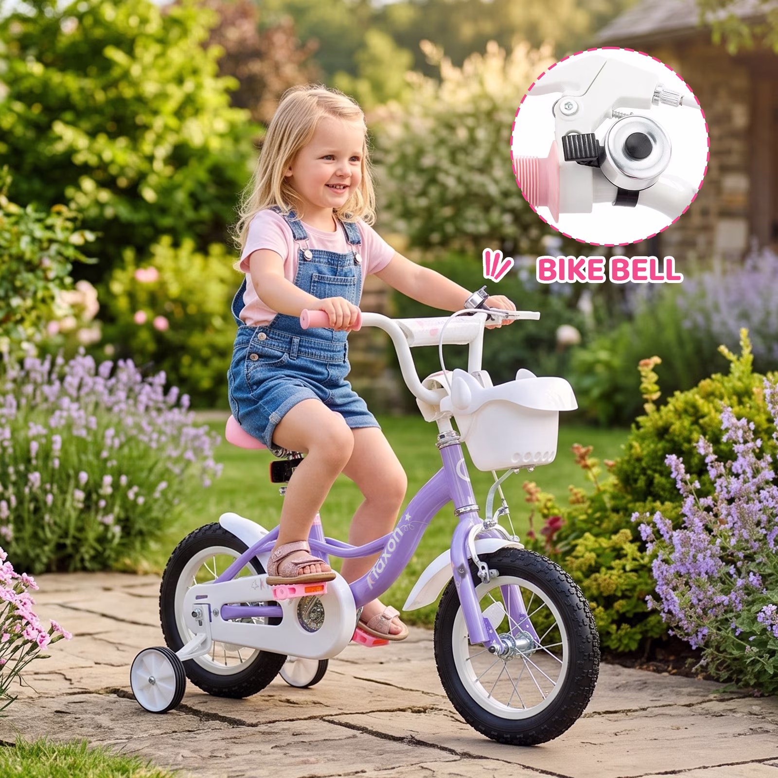 Ktaxon 12 Inch Kids Bike for Girls Age 2-4, Purple Star Design Toddler Bicycle with Training Wheels, Basket, Bell & Dual Brakes for 32"-41" Tall - Image 3