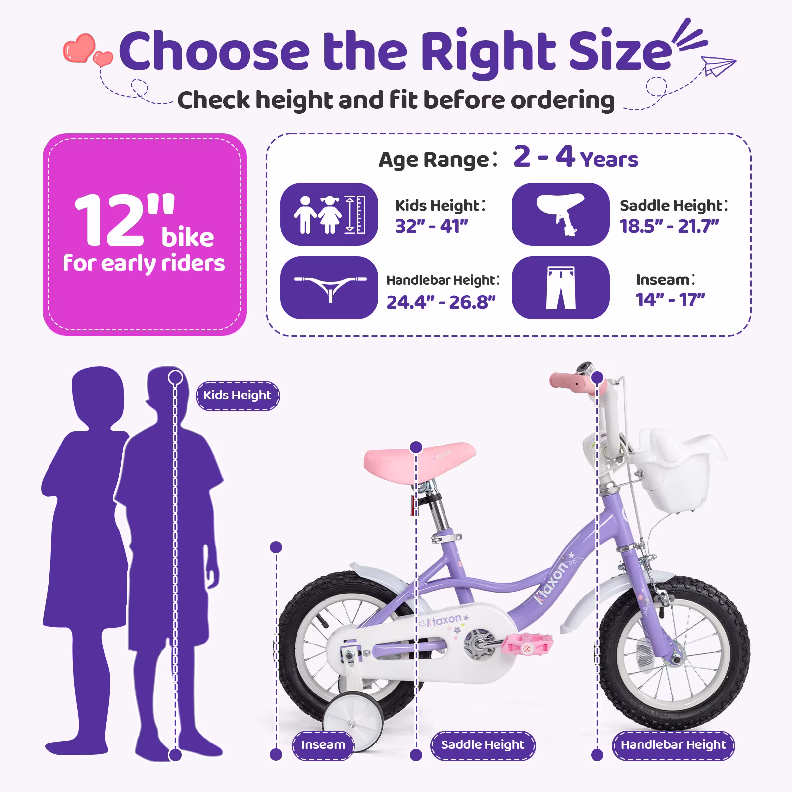 Ktaxon 12 Inch Kids Bike for Girls Age 2-4, Purple Star Design Toddler Bicycle with Training Wheels, Basket, Bell & Dual Brakes for 32"-41" Tall - Image 4