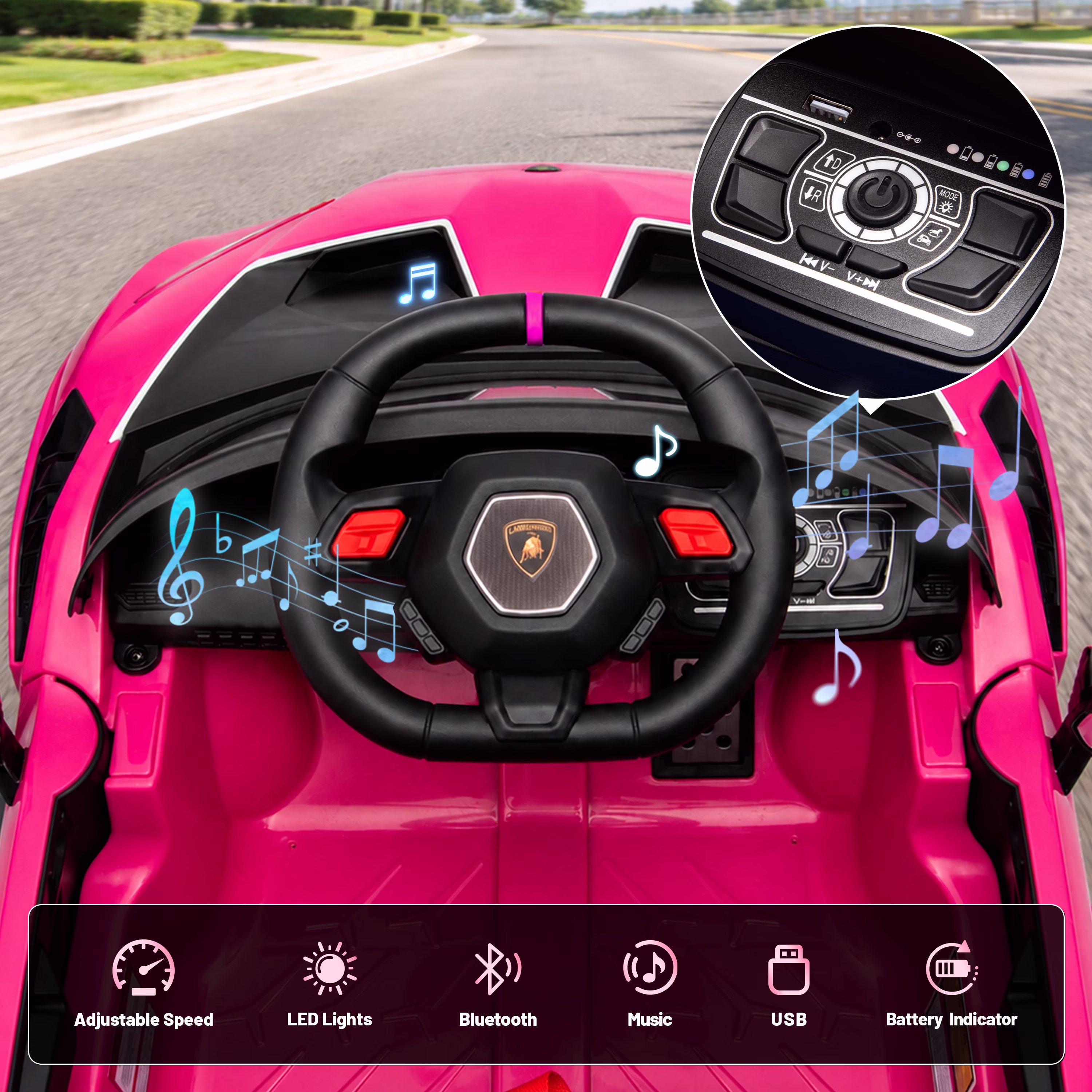 Lamborghini 12V Ride on Car for Kids, Powered Ride on Toys with Remote Control, Music, Bluetooth, LED Lights, Rear Wheel Suspension Electric Car for 1-3 Years Ages Olds, Pink - Image 2