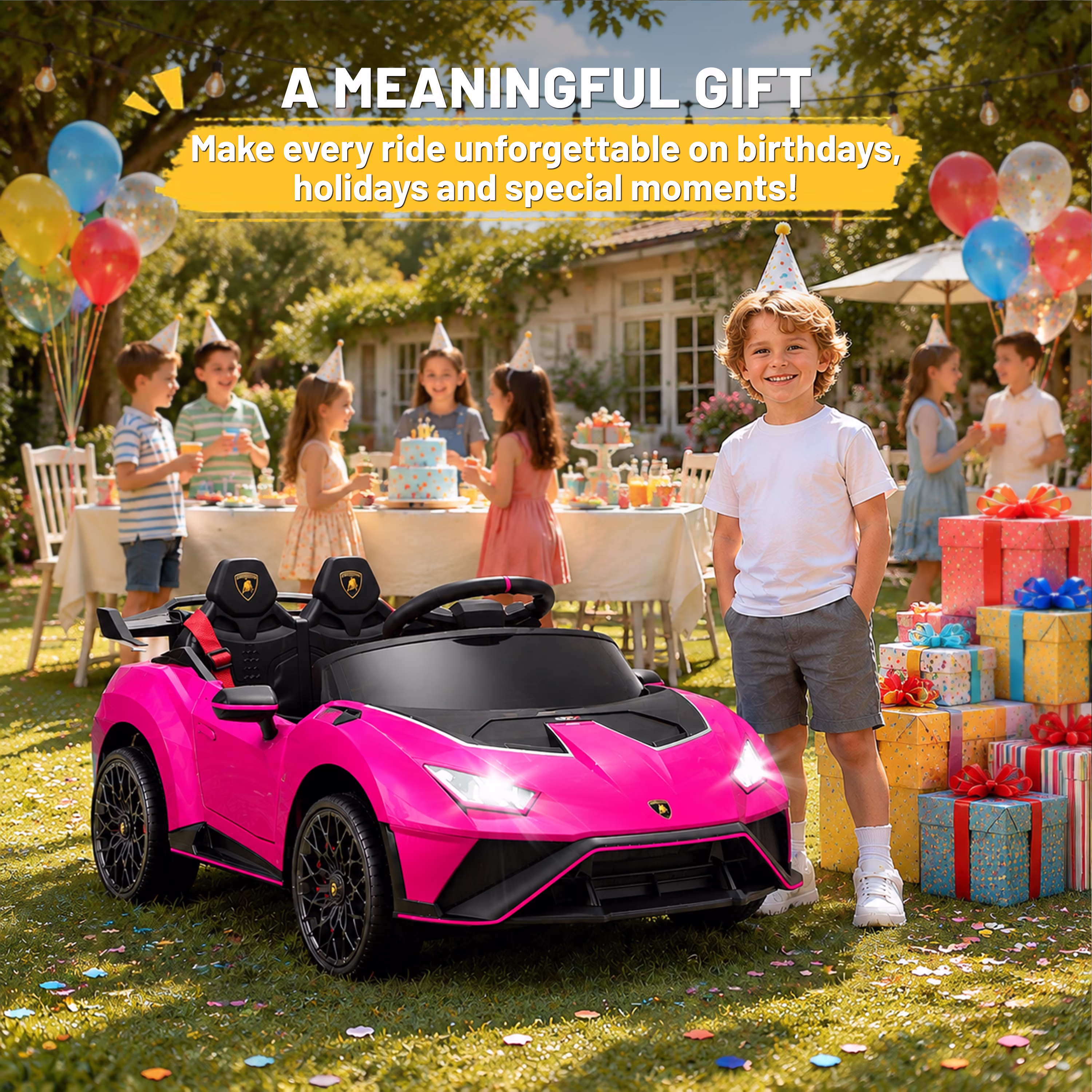 Lamborghini 12V Ride on Car for Kids, Powered Ride on Toys with Remote Control, Music, Bluetooth, LED Lights, Rear Wheel Suspension Electric Car for 1-3 Years Ages Olds, Pink - Image 3