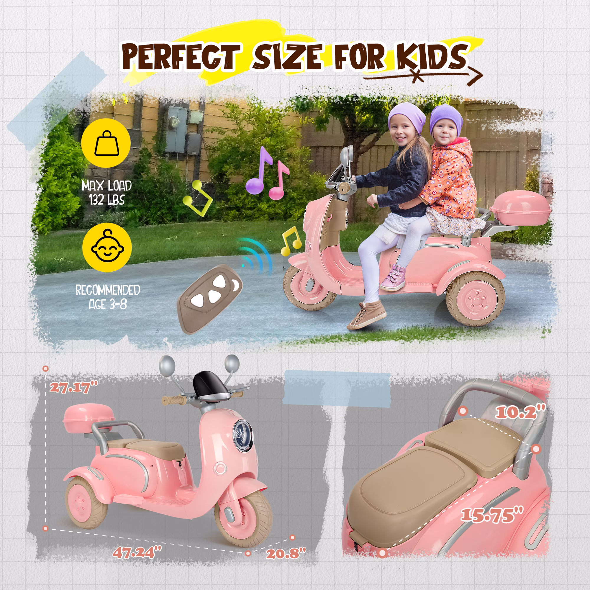 Letsgokid 2 Seater Electric Motorcycle, 12V Ride On Motorcycle with USB, Music, Bluetooth, Light, Big Storage Box, Motorcycle for Kids 3+ - Image 4