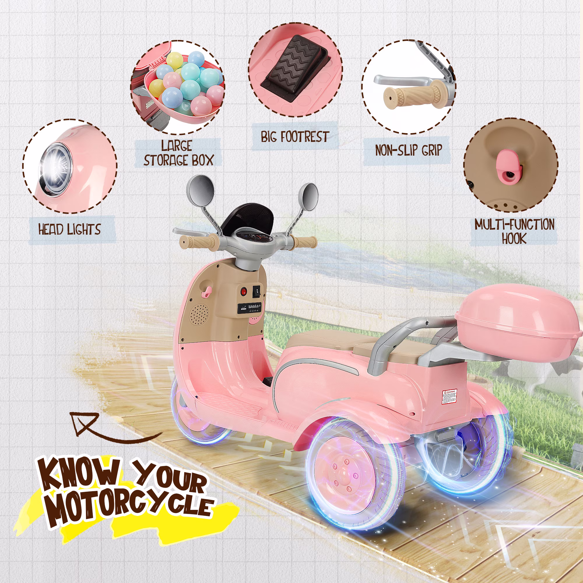 Letsgokid 2 Seater Electric Motorcycle, 12V Ride On Motorcycle with USB, Music, Bluetooth, Light, Big Storage Box, Motorcycle for Kids 3+ - Image 3