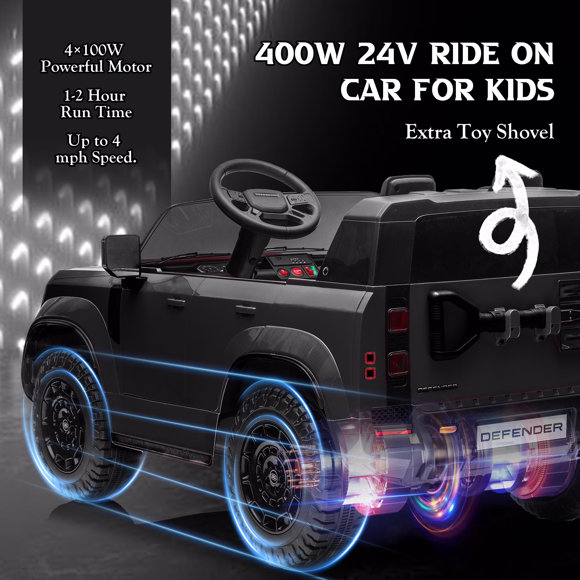 Letsgokid 24V 2 Seater Licensed Land Rover Defender Ride on Car with Parent Remote Control, 4WD, Toy Shovel, Soft Start, LED Lights, Music, Electric Ride on Car Toys for Kids 3+ - Image 4