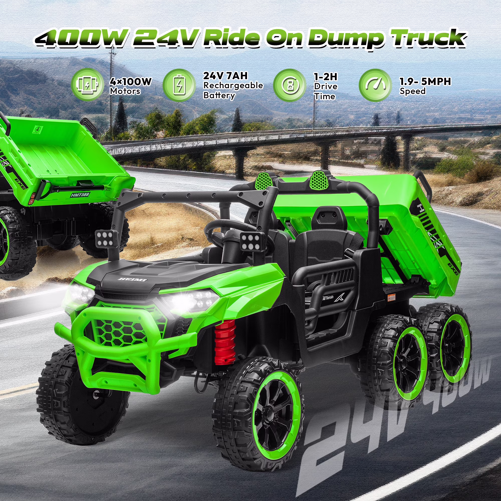 Letsgokid 24V 2-Seater Ride On Dump Truck with Remote Control, 4WD 6-Wheel Electric Car for Big Kids with Electric Dump Bed, 20in Seat, 400W Powerful Motor, LED Lights, Music, Ages 3+ - Image 5