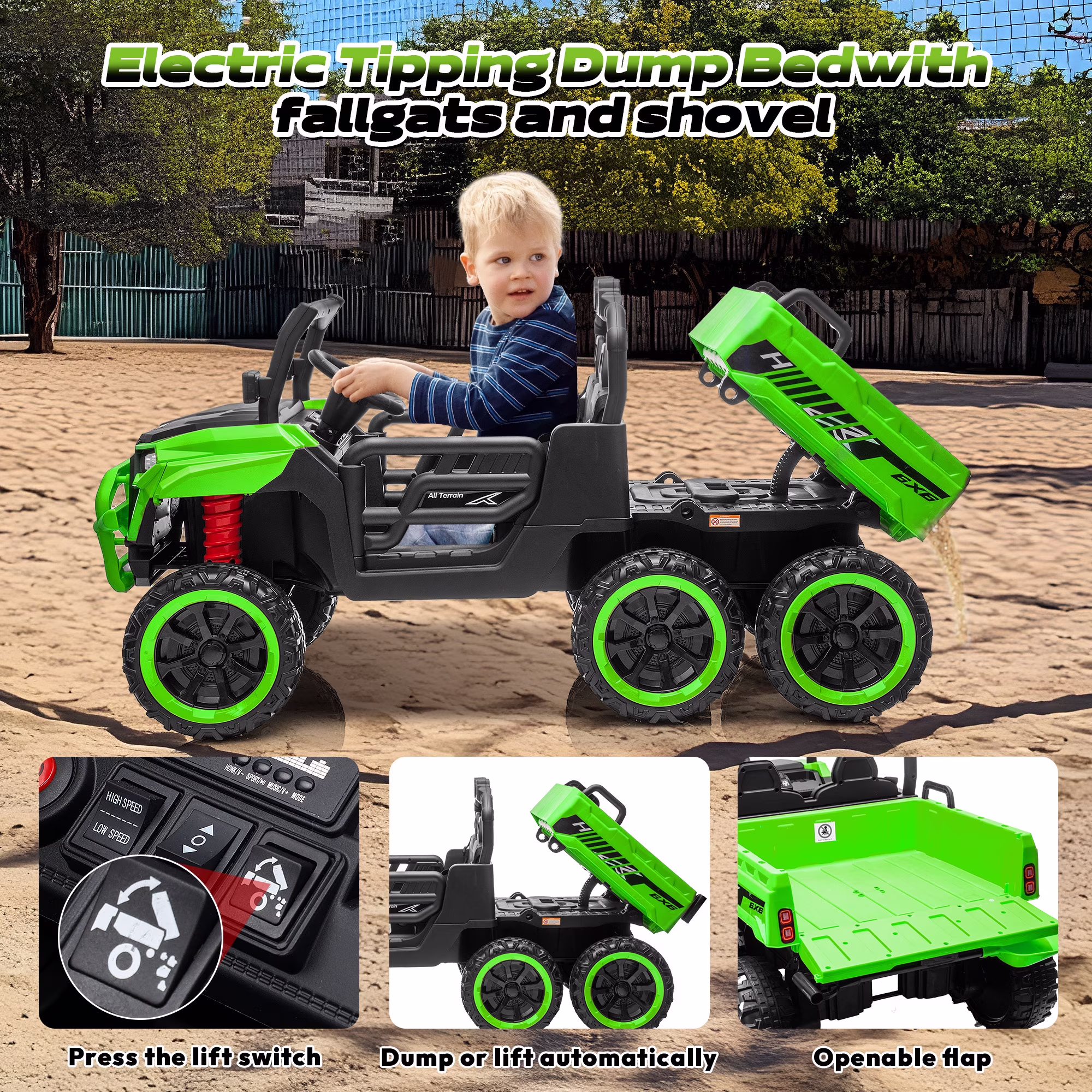 Letsgokid 24V 2-Seater Ride On Dump Truck with Remote Control, 4WD 6-Wheel Electric Car for Big Kids with Electric Dump Bed, 20in Seat, 400W Powerful Motor, LED Lights, Music, Ages 3+ - Image 2