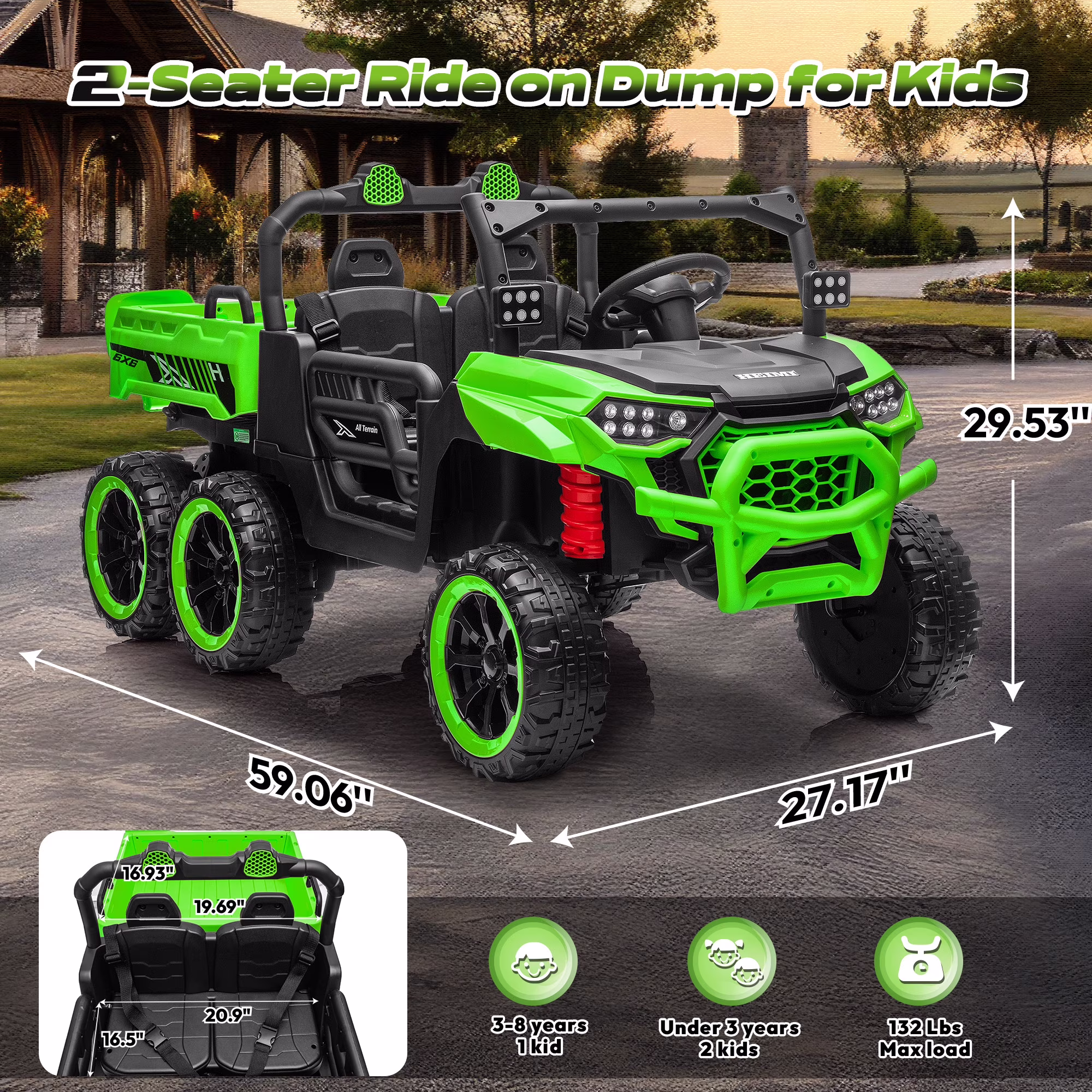 Letsgokid 24V 2-Seater Ride On Dump Truck with Remote Control, 4WD 6-Wheel Electric Car for Big Kids with Electric Dump Bed, 20in Seat, 400W Powerful Motor, LED Lights, Music, Ages 3+ - Image 3
