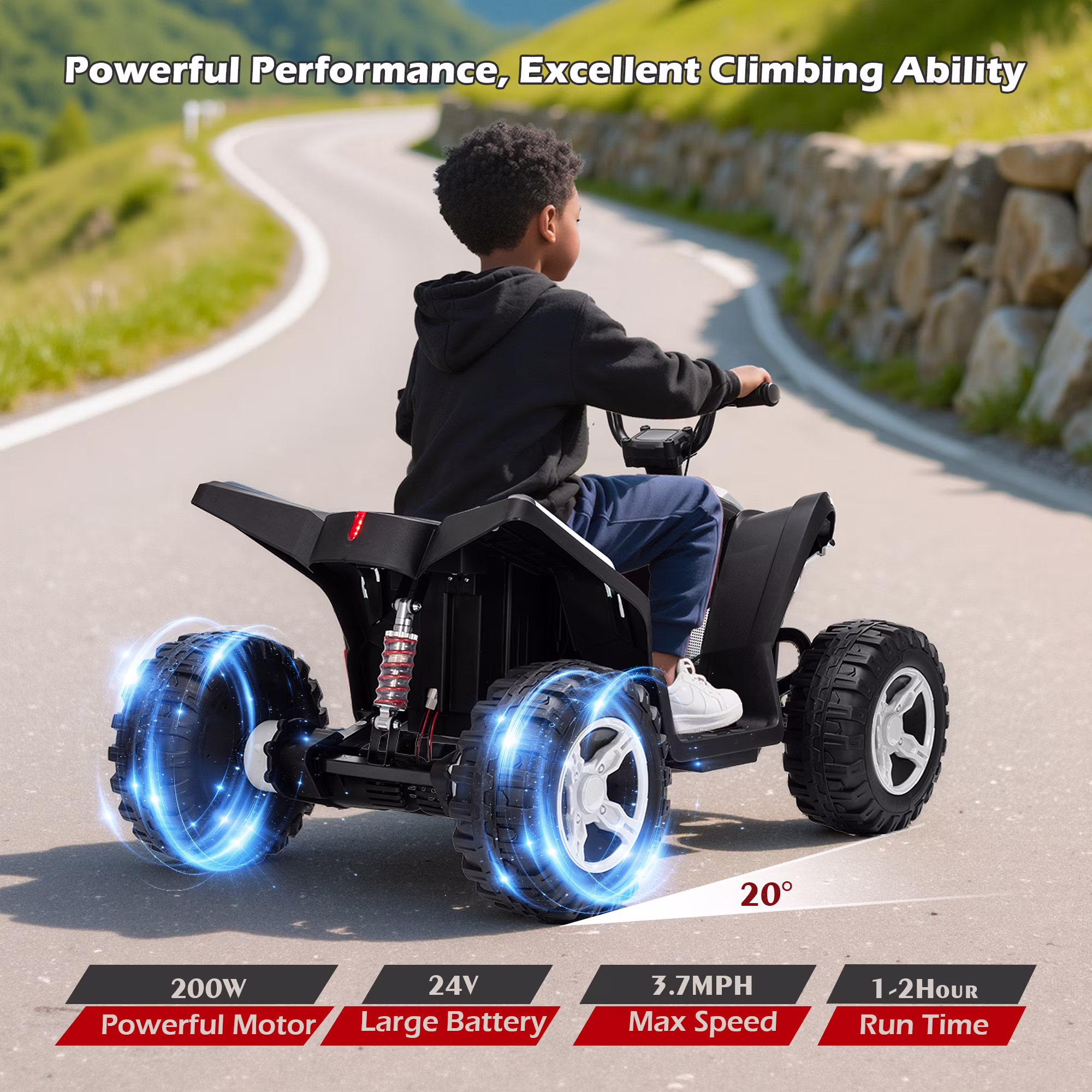 Letsgokid Kids ATV 4 Wheeler, 24V 2 Seater Electric ATV Ride On Toy for Big Kids with 110lb Weight Capacity, 200W Motor, 3.7Mph Max Speed, Spring Suspension, LED Lights, Music - Image 4