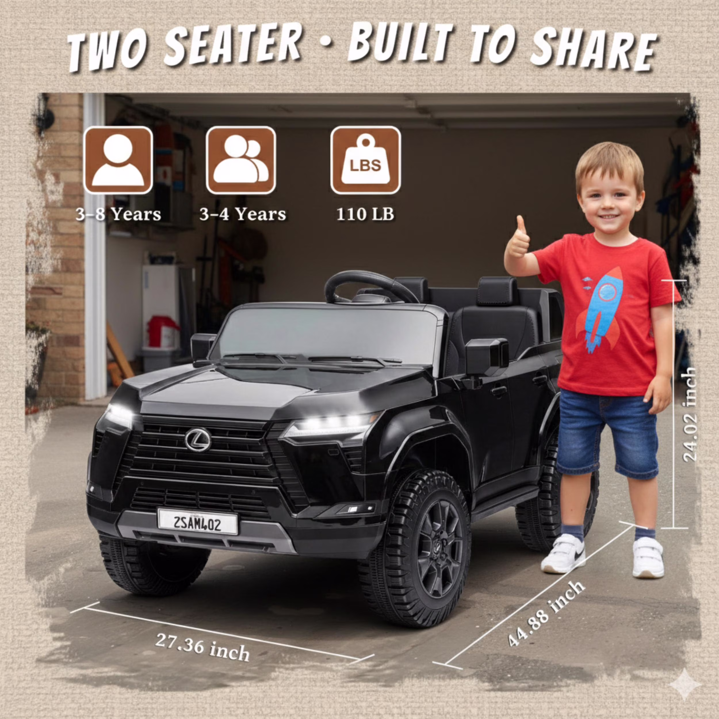 Lexus GX550 24V Kids Ride-On Car, 2-Seater Electric Toy Car with Parent Remote Control, High Speed 3.73MPH, LED Lights & Bluetooth Music for Boys Girls Ages 3-8, Black - Image 4