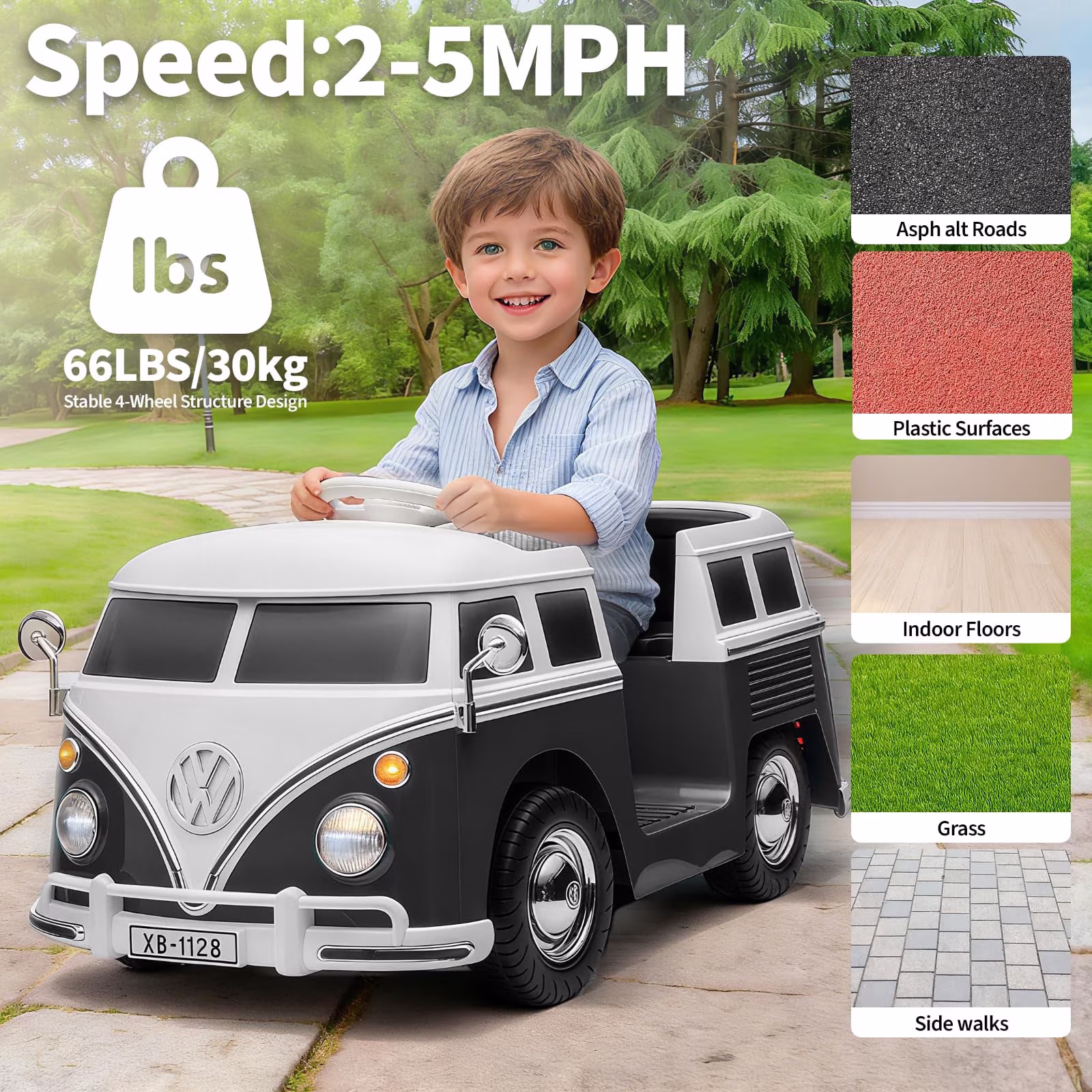 Licensed 6V Volkswagen Kids Electric Ride On Bus, Battery Powered Toddler Car with LED Lights Horn Music for Boys Girls