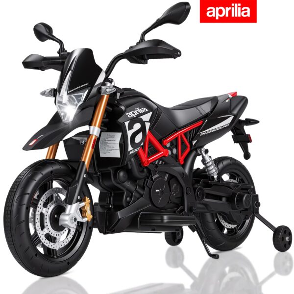 Licensed Aprilia Ride On Motorcycle for Kids, Wisairt 12V Electric Motorbike with Detachable Training Wheels, Key Start, LED Lights, Music, Spring Suspension, Toy Motorcycle for Boys Girls Ages 3