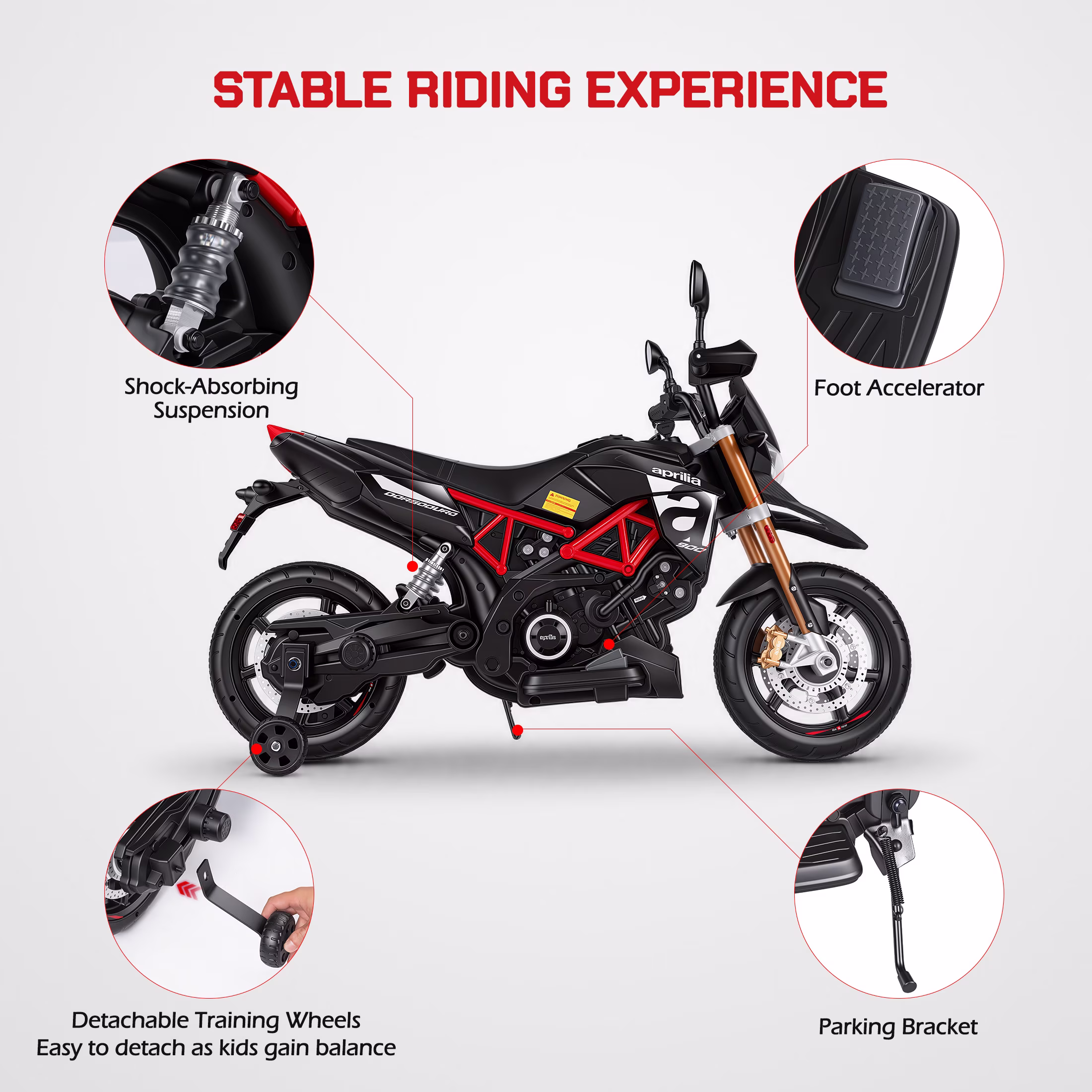Licensed Aprilia Ride On Motorcycle for Kids, Wisairt 12V Electric Motorbike with Detachable Training Wheels, Key Start, LED Lights, Music, Spring Suspension, Toy Motorcycle for Boys Girls Ages 3 - Image 4