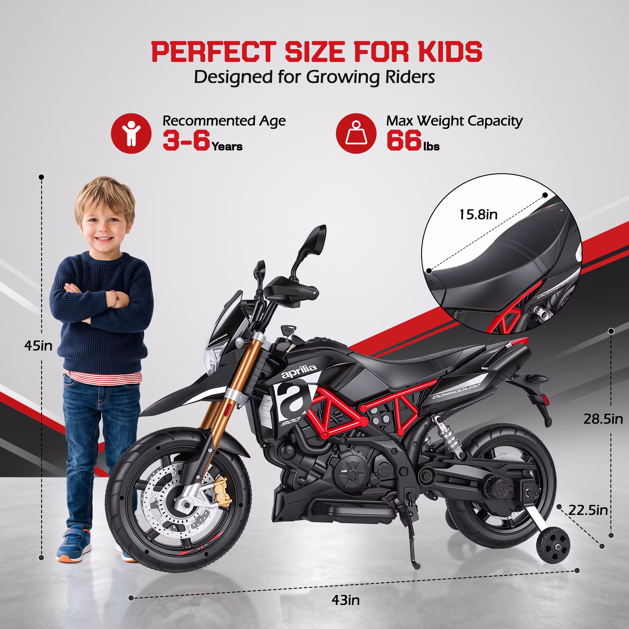 Licensed Aprilia Ride On Motorcycle for Kids, Wisairt 12V Electric Motorbike with Detachable Training Wheels, Key Start, LED Lights, Music, Spring Suspension, Toy Motorcycle for Boys Girls Ages 3 - Image 5