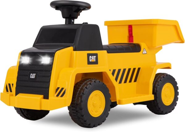Licensed Cat Ride on Car by OLAKIDS, 6V Dump Truck Battery Powered Construction Electric Vehicle with Horn, Headlight, Bucket, Ride on Toys Gift for Kids Toddler Age 1.5
