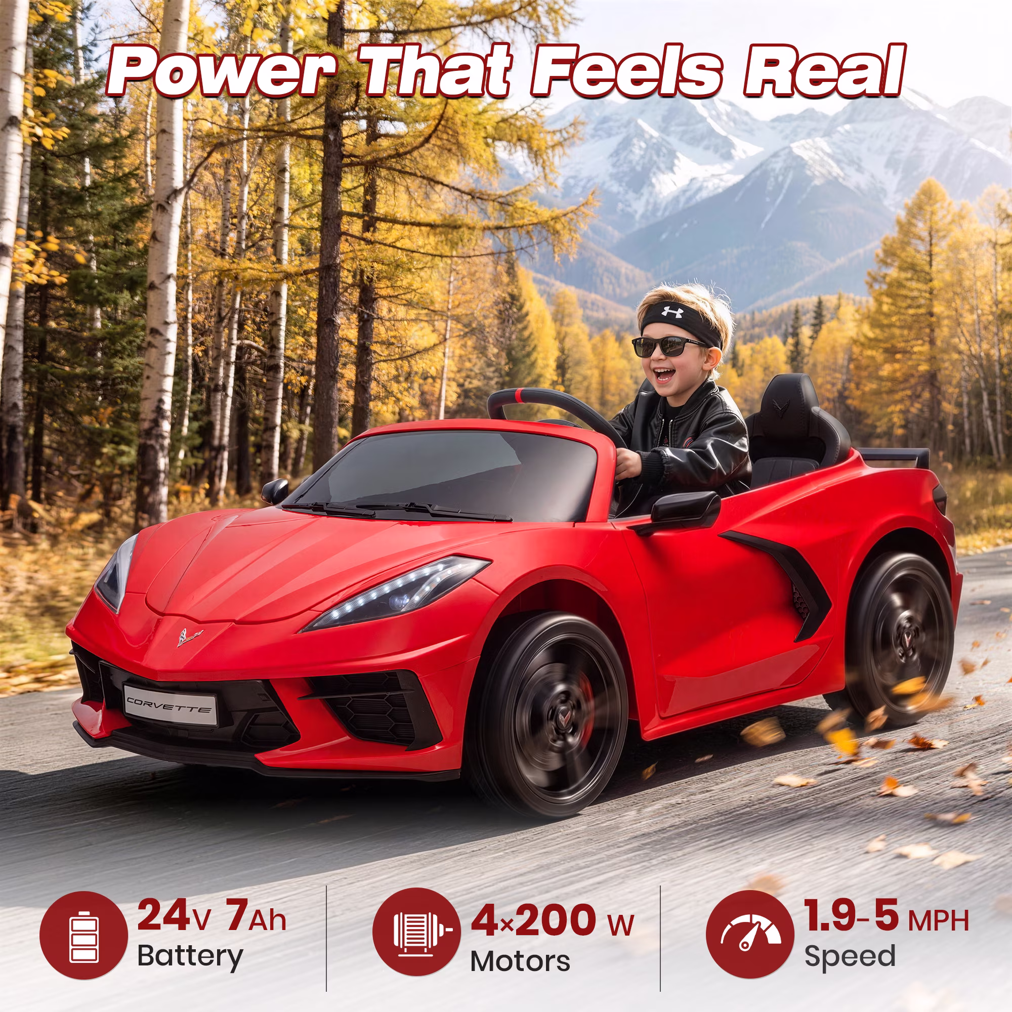 Licensed Corvette 24V Ride On Toys, Sunnyfree XXL Power Car Wheel with 4WD/2WD Switchable, Remote, Bluetooth, Seat Belt & Lockable Doors, Ages 3-8, Red - Image 5