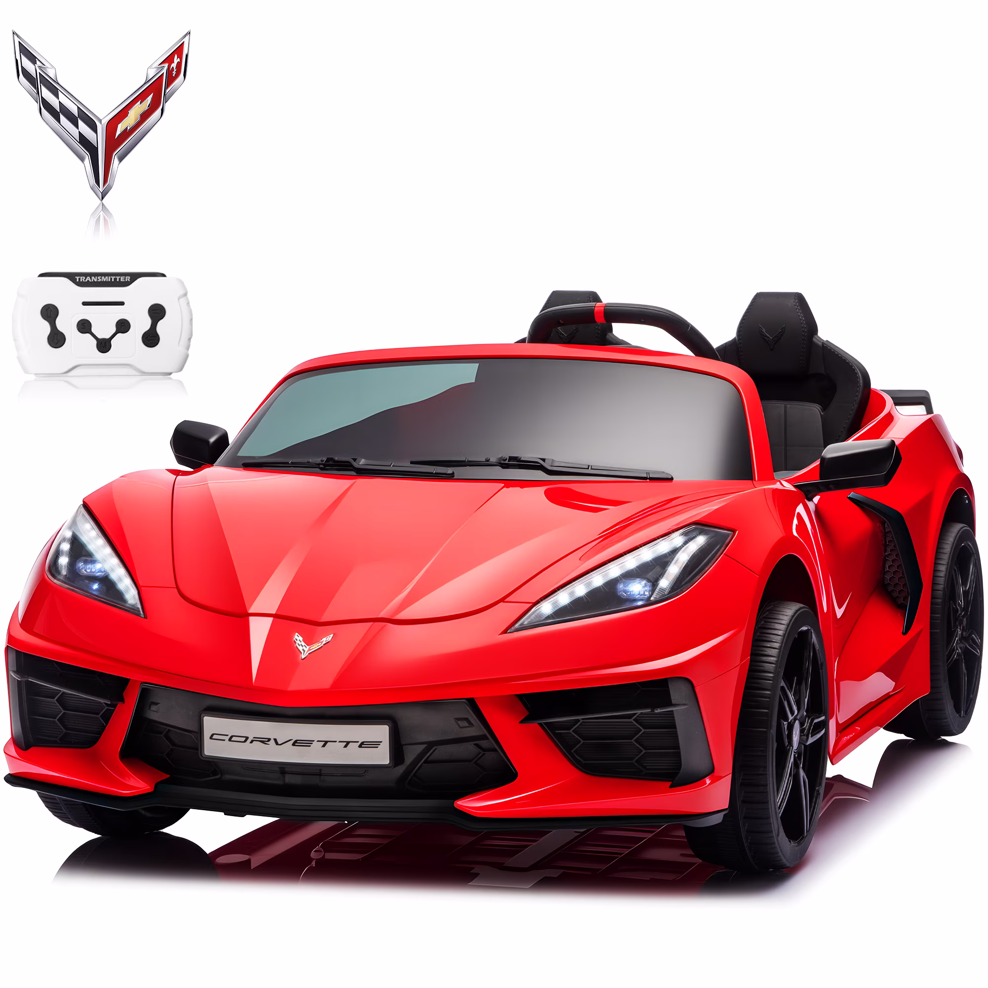 Licensed Corvette 24V Ride On Toys, Sunnyfree XXL Power Car Wheel with 4WD/2WD Switchable, Remote, Bluetooth, Seat Belt & Lockable Doors, Ages 3-8, Red