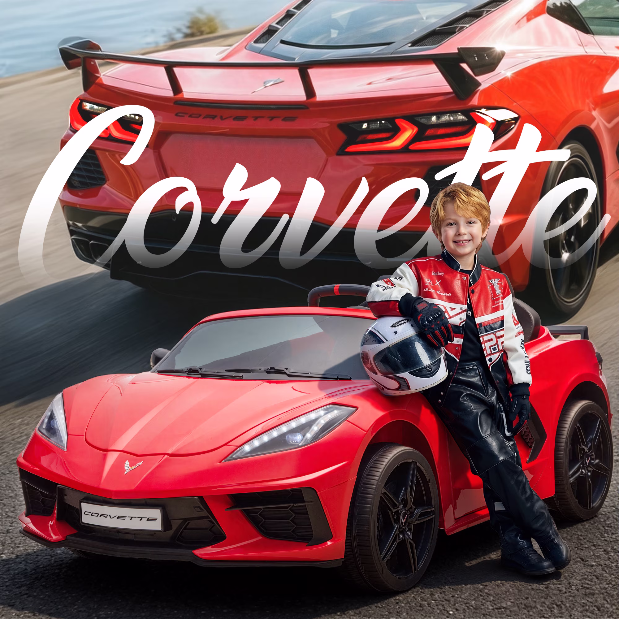 Licensed Corvette 24V Ride On Toys, Sunnyfree XXL Power Car Wheel with 4WD/2WD Switchable, Remote, Bluetooth, Seat Belt & Lockable Doors, Ages 3-8, Red - Image 2