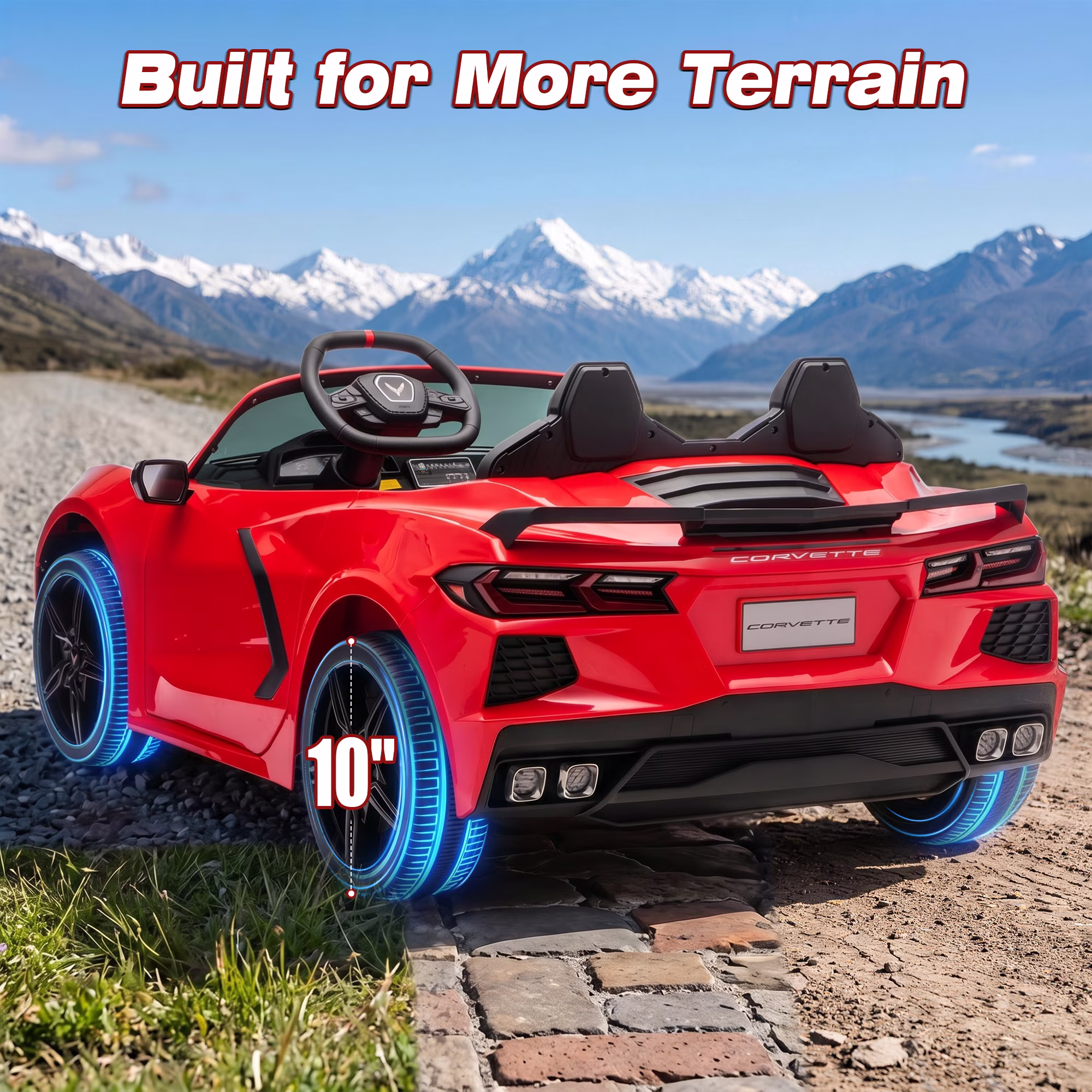 Licensed Corvette 24V Ride On Toys, Sunnyfree XXL Power Car Wheel with 4WD/2WD Switchable, Remote, Bluetooth, Seat Belt & Lockable Doors, Ages 3-8, Red - Image 4