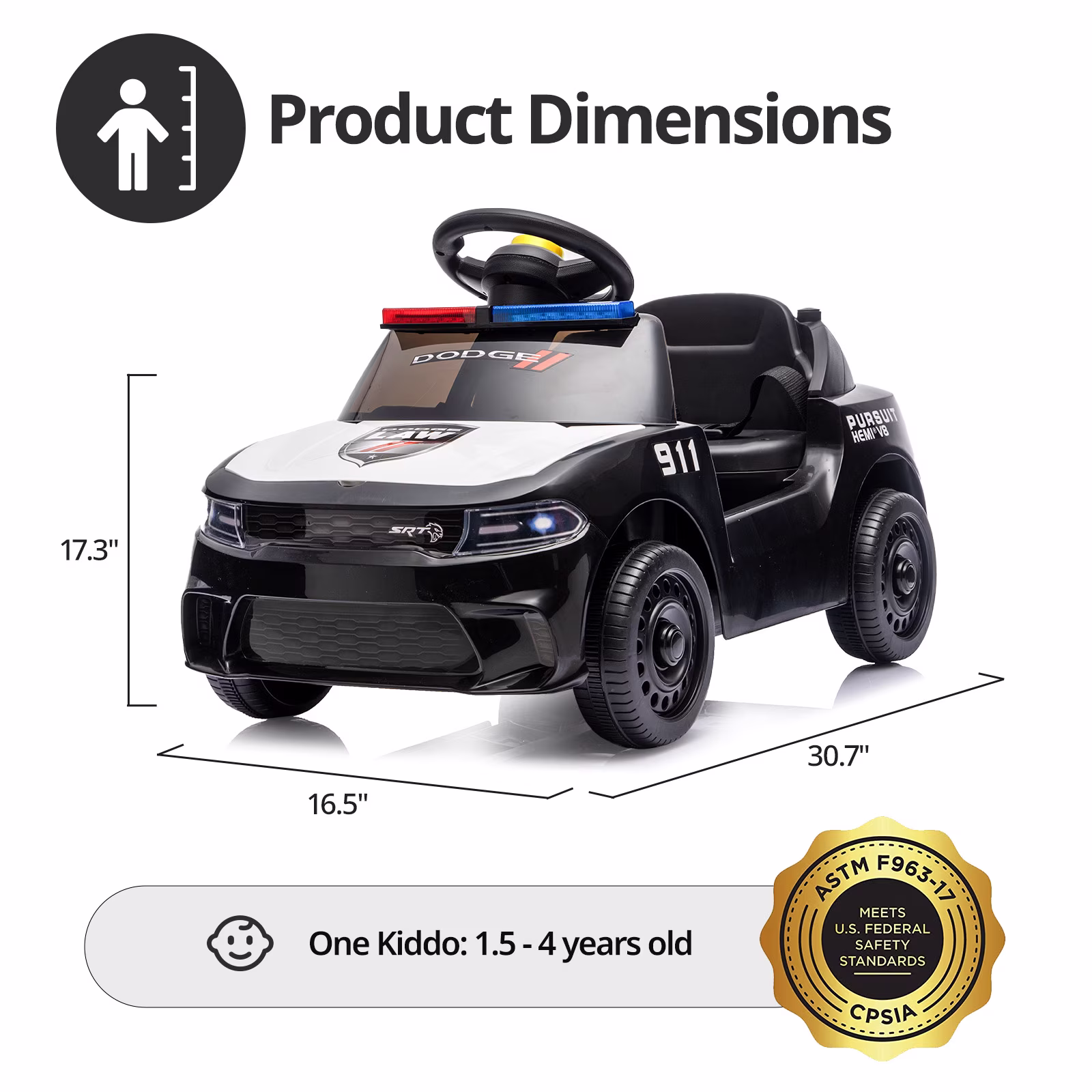 Licensed Dodge Ride on Toy, Toddler Electric Police Car for Kids 1 to 3 with Lights,Music - Image 3