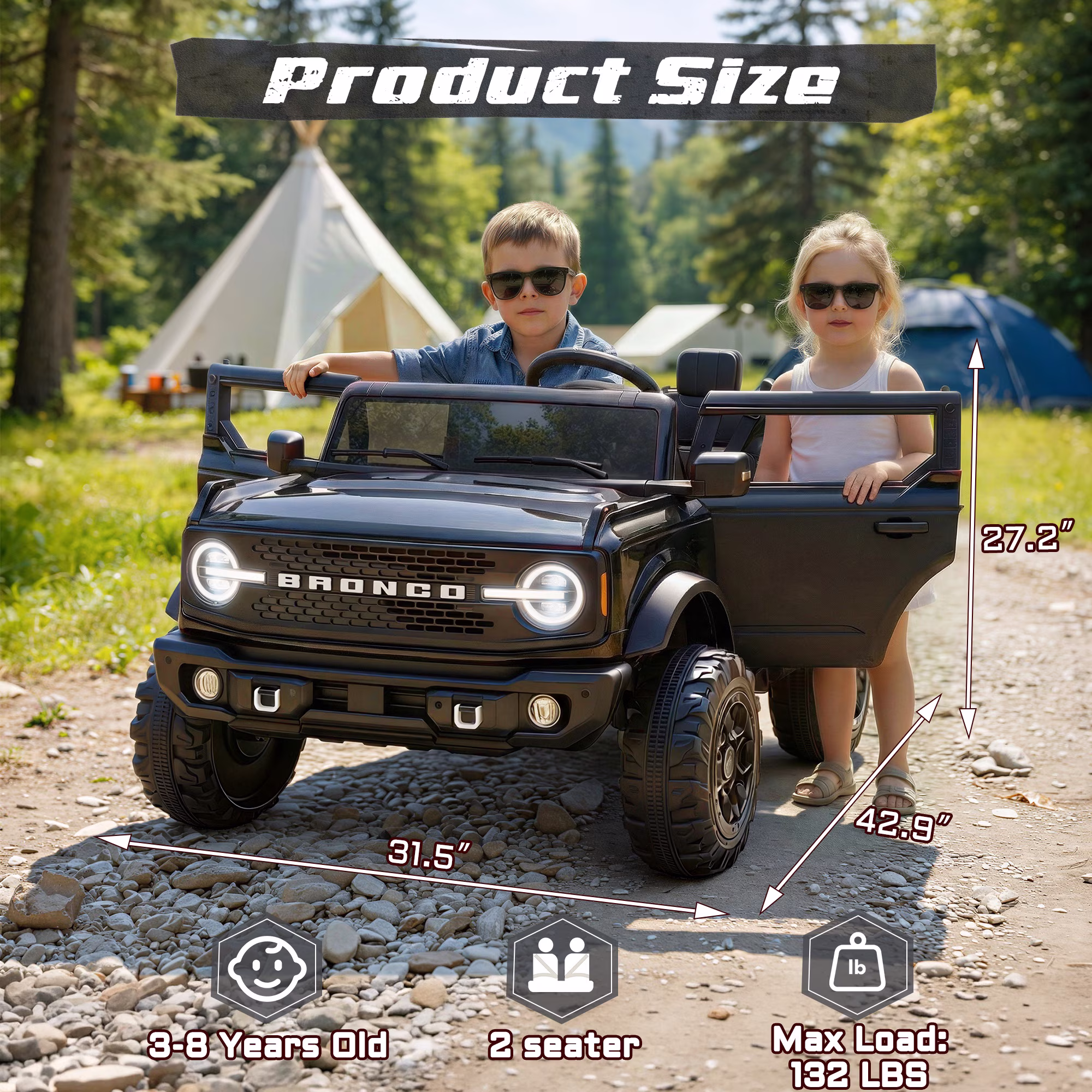 Licensed Ford Bronco 24V 2 Seater Truck Battery Powered Ride on with Remote Control & Bluetooth, Electric Car for Kids Toddler, Black - Image 5
