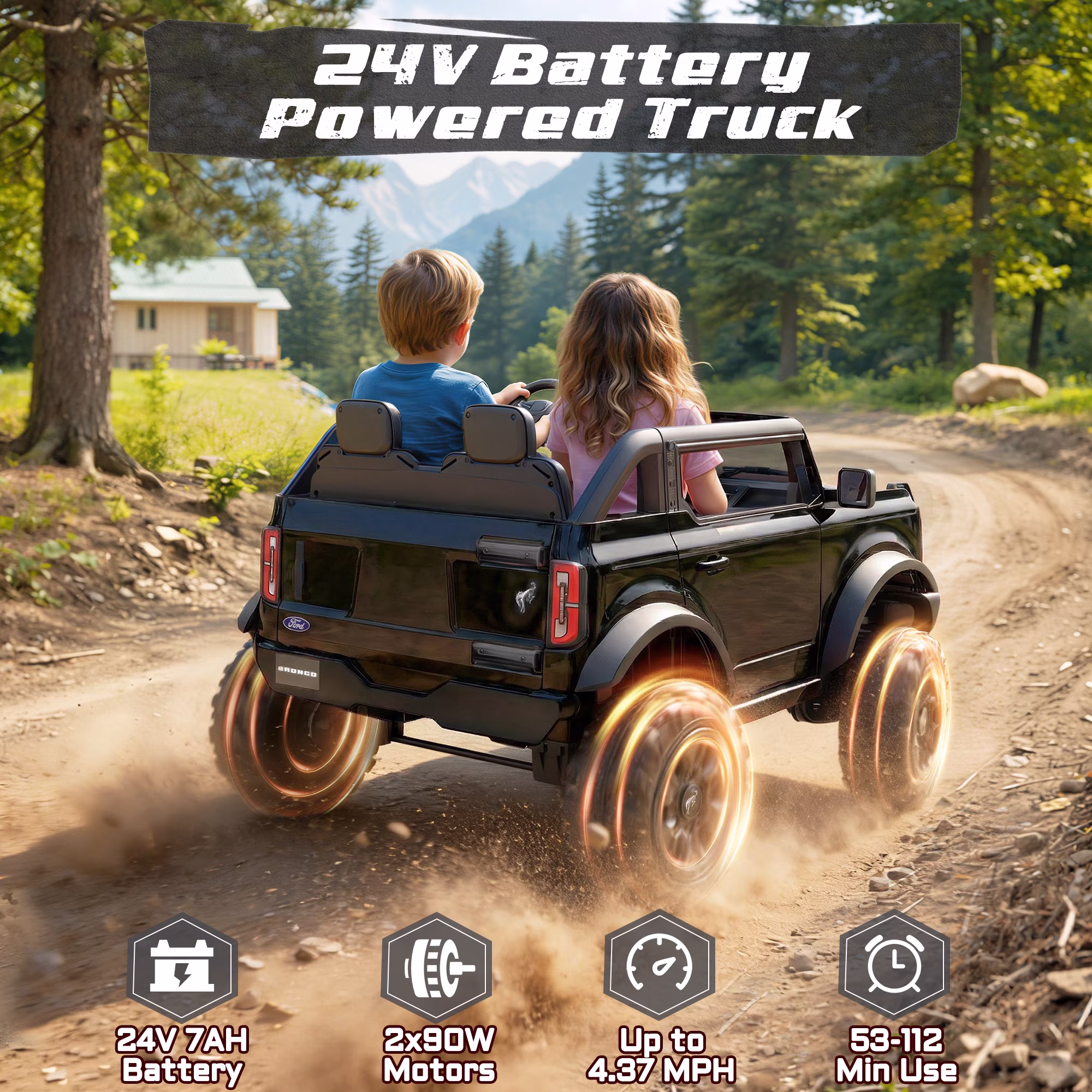Licensed Ford Bronco 24V 2 Seater Truck Battery Powered Ride on with Remote Control & Bluetooth, Electric Car for Kids Toddler, Black - Image 2