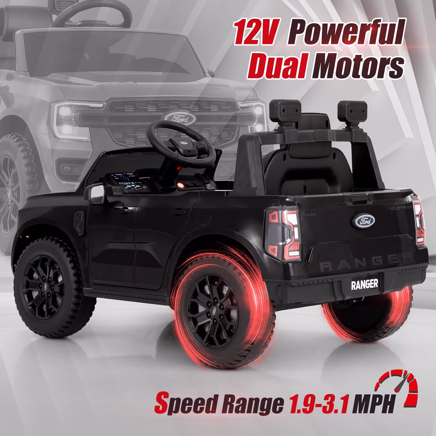 Licensed Ford Ranger Ride on Car for Kids by OLAKIDS, 12V Electric Vehicle with Remote Control, Toddlers Battery Powered Toy Gift with 2 Speeds, Wheels Suspension, Storage Space, Bluetooth USB - Image 3