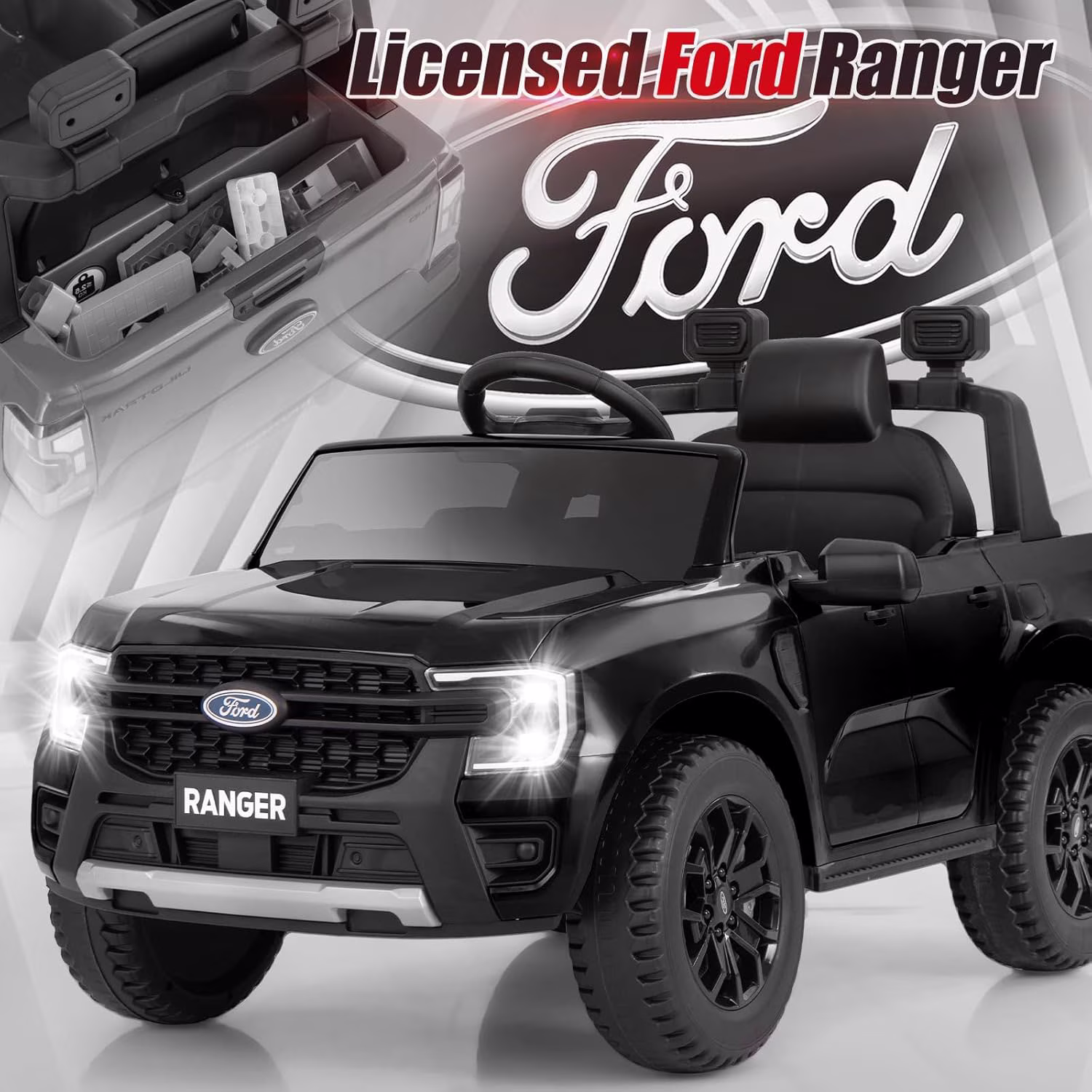 Licensed Ford Ranger Ride on Car for Kids by OLAKIDS, 12V Electric Vehicle with Remote Control, Toddlers Battery Powered Toy Gift with 2 Speeds, Wheels Suspension, Storage Space, Bluetooth USB - Image 5