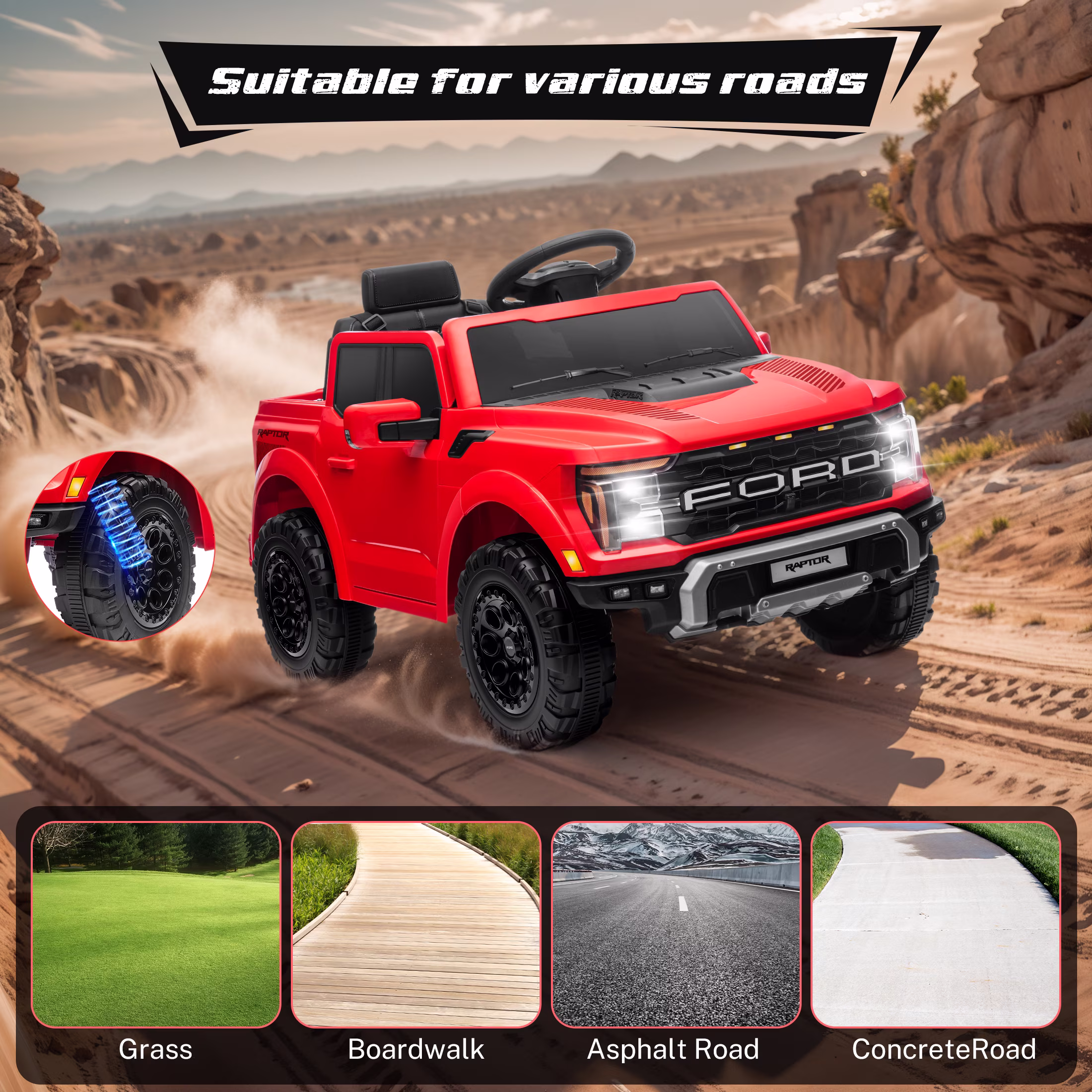 Licensed Ford Raptor F150 12V Kids Electric Car Ride On Toy, Battery Powered Ride on Truck with Remote Control, Lights, Music, 3 Speeds, 4 Wheel Suspension Ride on Car for 3-5 Year Boys Girls, Red - Image 5