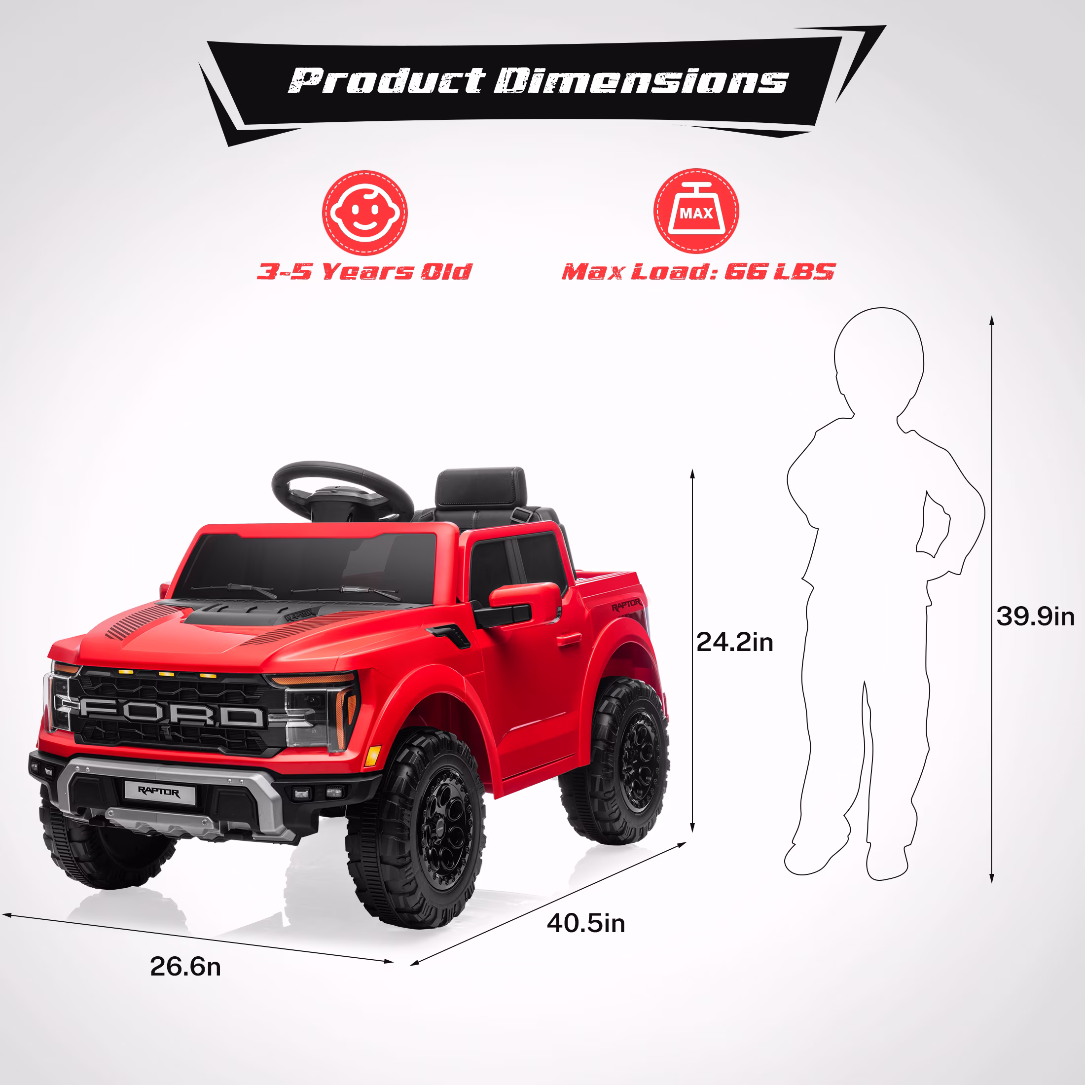 Licensed Ford Raptor F150 12V Kids Electric Car Ride On Toy, Battery Powered Ride on Truck with Remote Control, Lights, Music, 3 Speeds, 4 Wheel Suspension Ride on Car for 3-5 Year Boys Girls, Red - Image 2