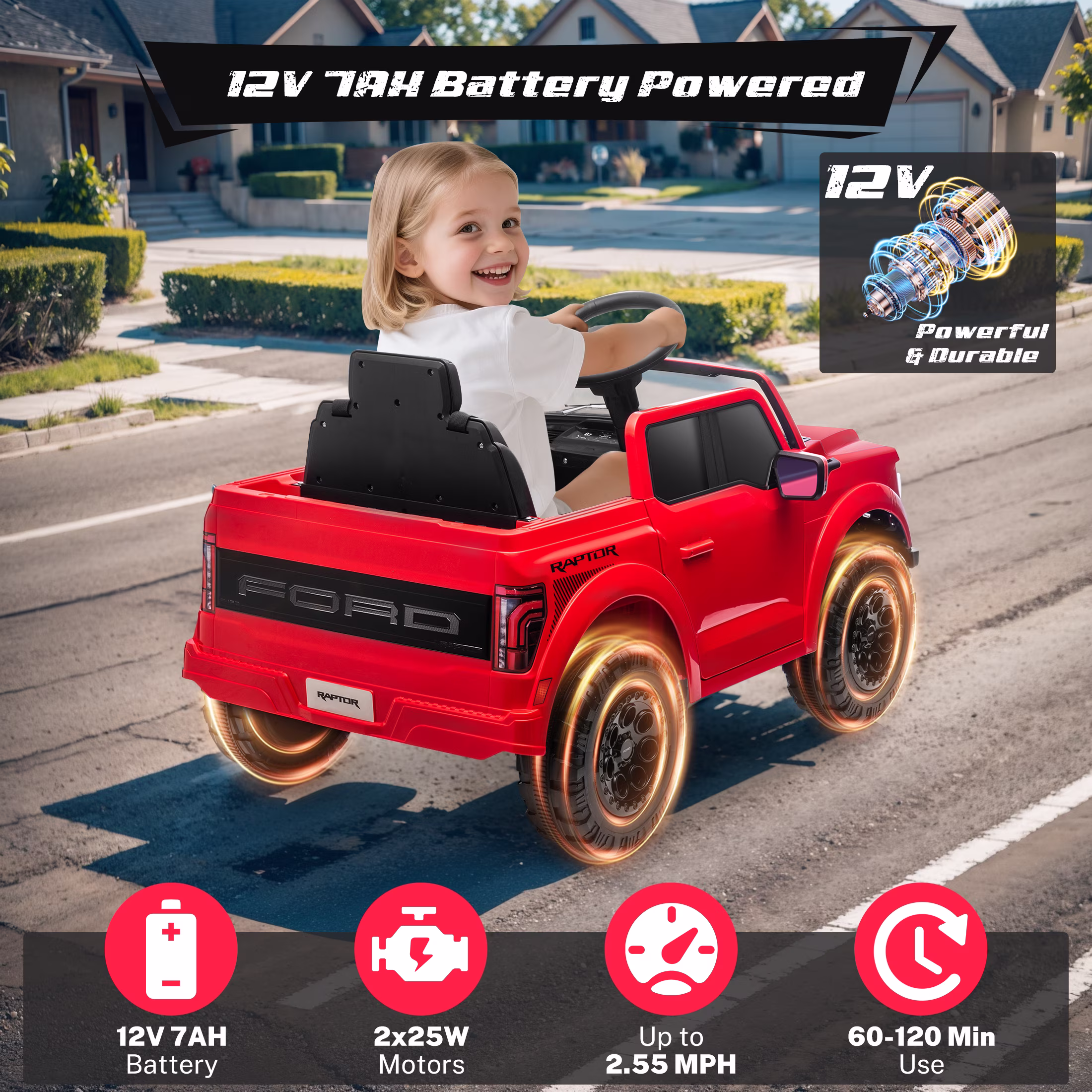 Licensed Ford Raptor F150 12V Kids Electric Car Ride On Toy, Battery Powered Ride on Truck with Remote Control, Lights, Music, 3 Speeds, 4 Wheel Suspension Ride on Car for 3-5 Year Boys Girls, Red - Image 4