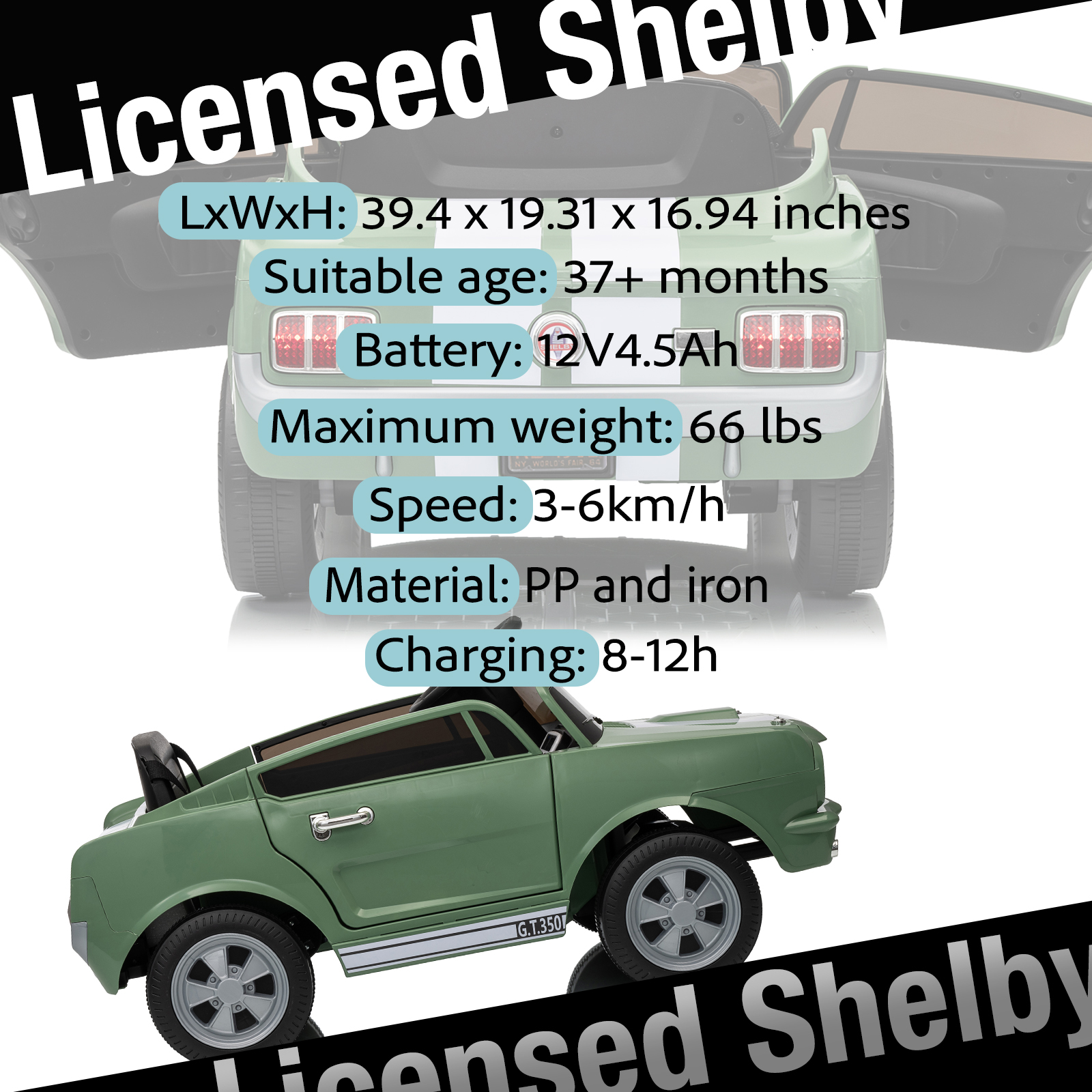 Licensed Shelby Kids Electric Vehicle | 12V Ride-On Toy with Remote Control | LED Lights, MP3, and Bluetooth | for Boys and Girls - Image 2