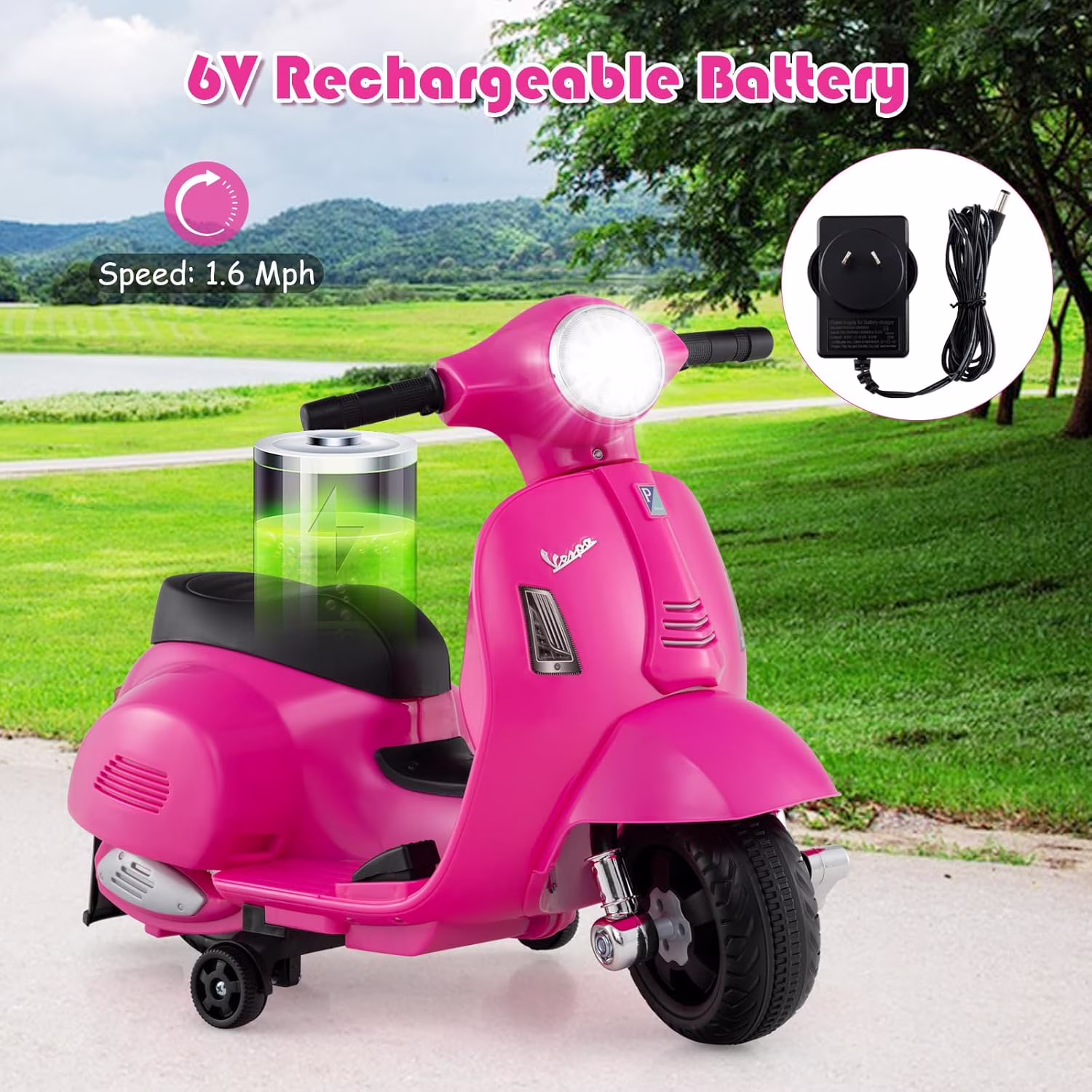Licensed Vespa Kids Motorcycle by OLAKIDS, 6V Battery Powered Motorbike for Toddlers with Training Wheels, Horn, LED Lights, Electric Ride on Toys for Boys Girls Aged 18-36 Months - Image 4